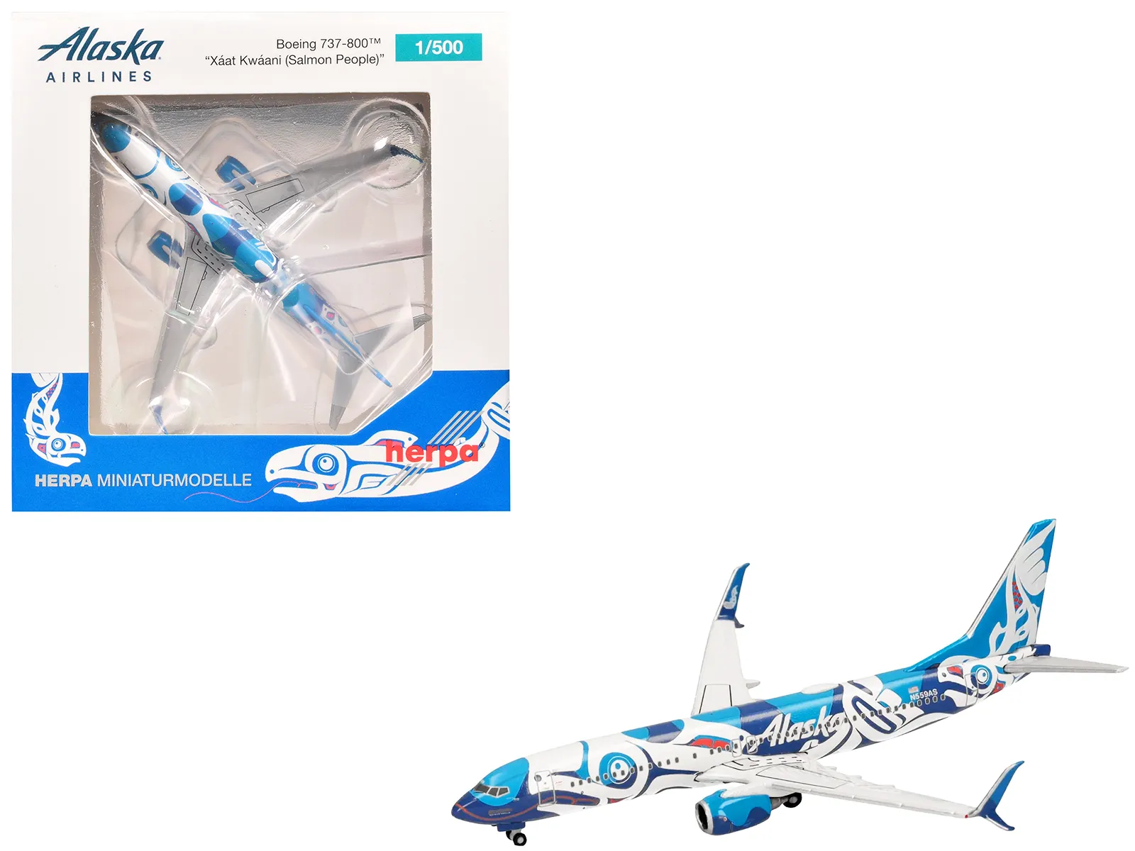 Herpa HE537643 — Boeing 737-800 Commercial Aircraft "Alaska Airlines - Salmon People Livery" (N559AS) Blue and White 1/500 Diecast Model Airplane by Herpa