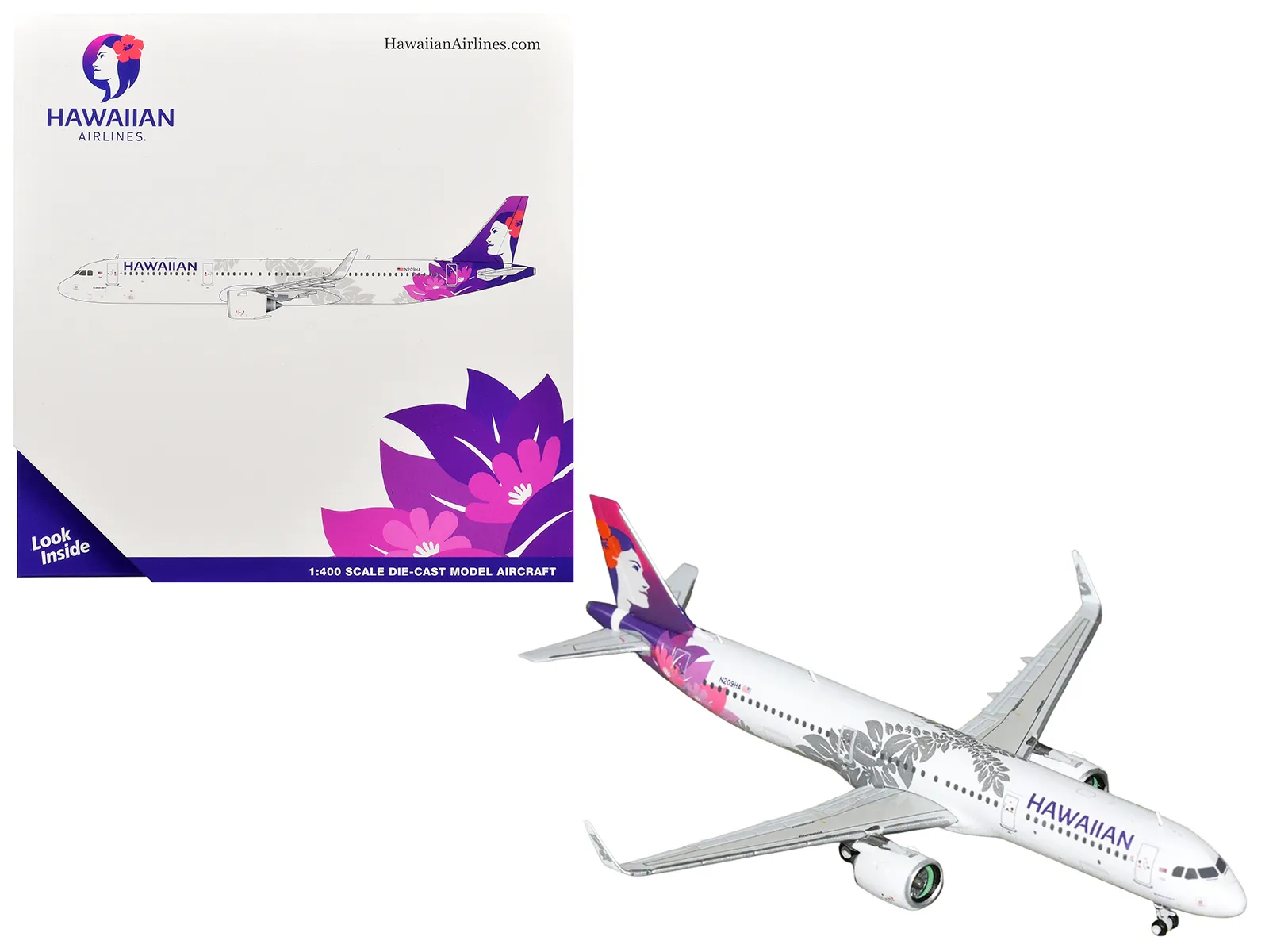 GeminiJets GJHAL2415 — Airbus A321neo Commercial Aircraft "Hawaiian Airlines" (N209HA) White with Purple Tail Graphics 1/400 Diecast Model Airplane by GeminiJets