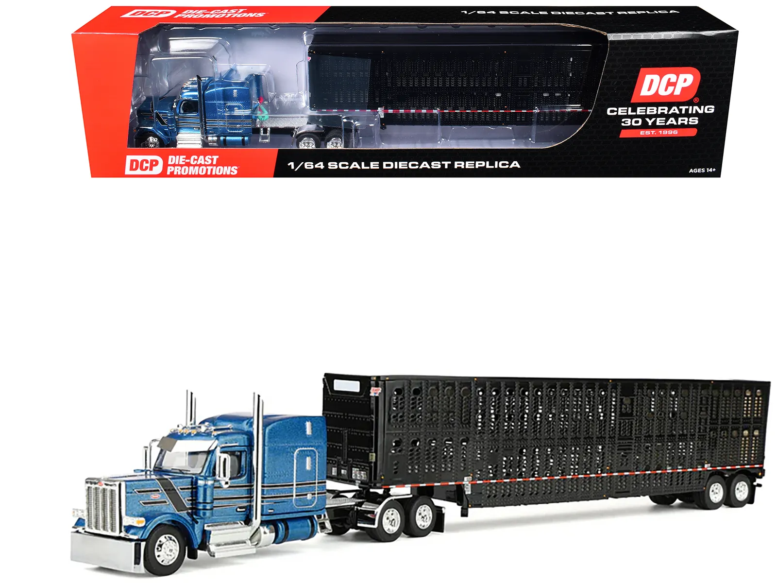 First Gear 60-2172 — Peterbilt 589 with 72" Mid-Roof Sleeper and Wilson Silverstar Livestock Trailer Bright Blue with Black Stripes and Trailer 1/64 Diecast Model by DCP/First Gear