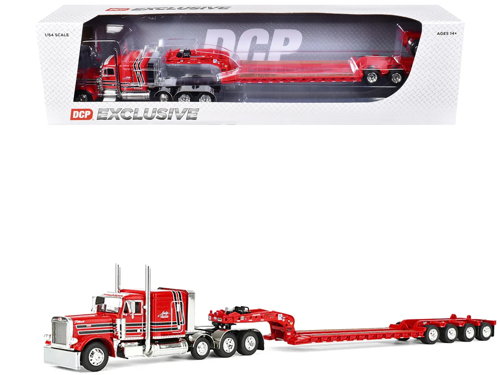 First Gear 60-2355 — Peterbilt 379 with 63" Flat Top Sleeper and Fontaine Magnitude Lowboy Trailer with Fliptail "Anty Trucking & Rigging" Red with Black Stripes 1/64 Diecast Model by DCP/First Gear