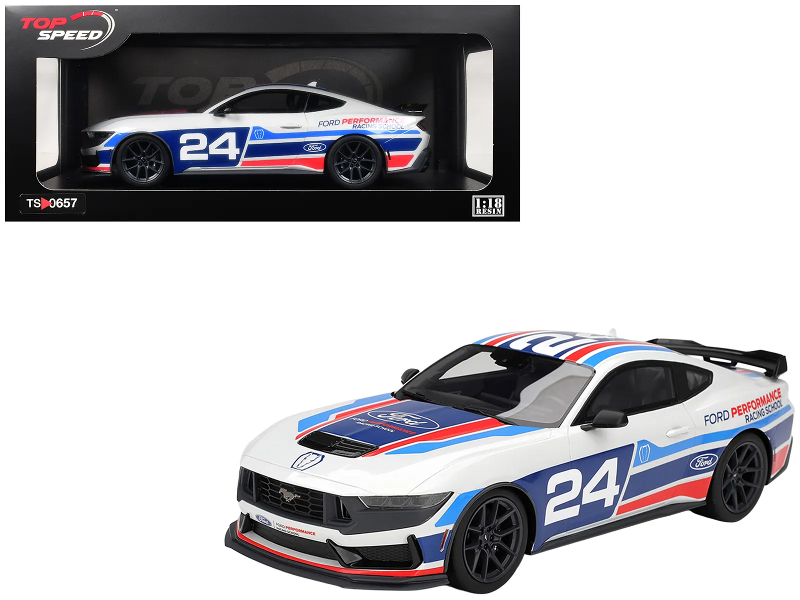 Top Speed TS0657 — Ford Mustang Dark Horse #24 "Ford Performance Racing School" White with Graphics 1/18 Model Car by Top Speed