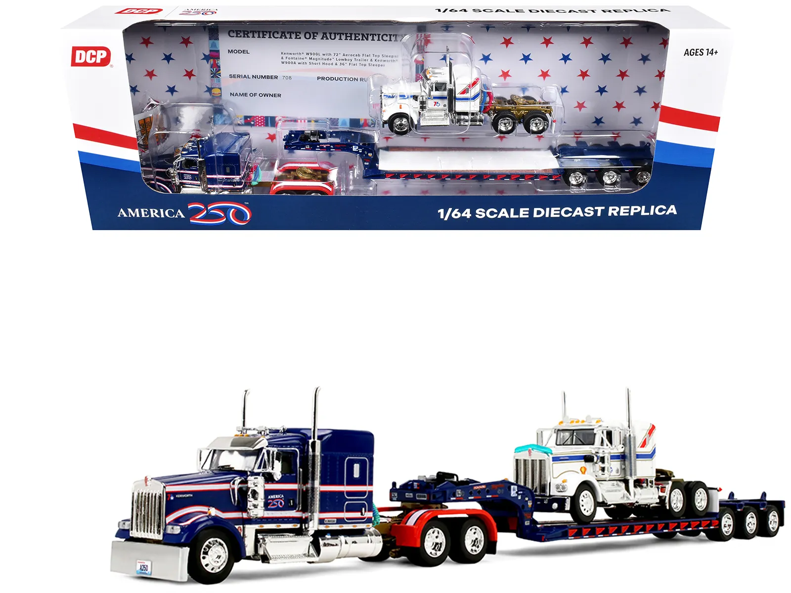 First Gear 69-2311 — Kenworth W900L with 72" Aerocab Flat Top Sleeper Blue with White Stripes and Fontaine Magnitude Lowboy Trailer with Kenworth W900A Load White with Blue and Red Stripes "America 250" 1/64 Diecast Model by DCP/First Gear