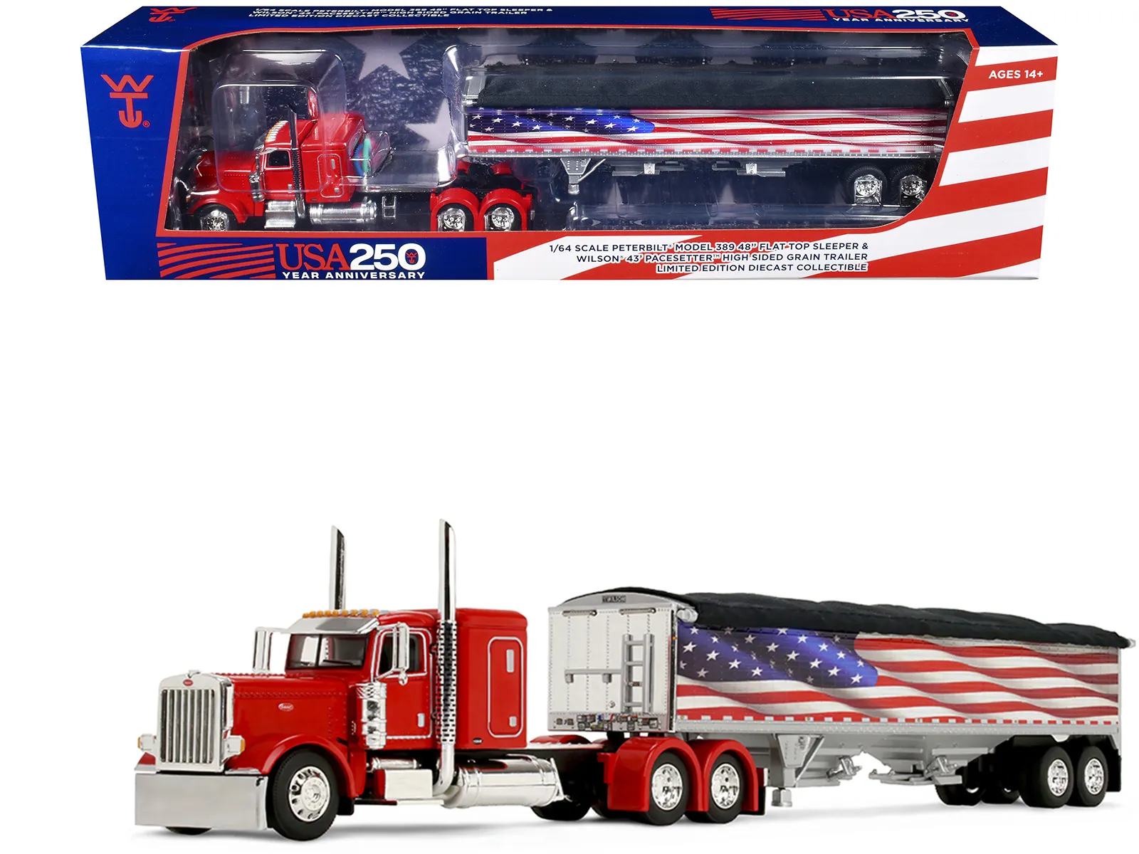 First Gear 69-2367 — Peterbilt 389 with 48" Flat Top Sleeper and 43' Wilson Pacesetter High Side Grain Trailer "Wilson USA 250" Red 1/64 Diecast Model by DCP/First Gear