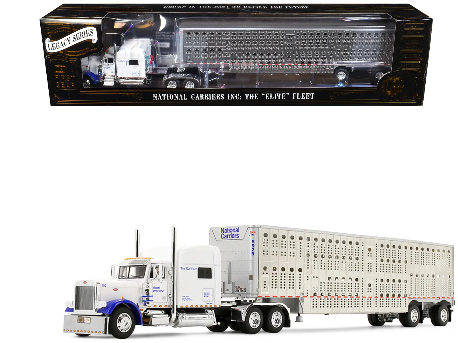 First Gear 69-2306 — Peterbilt 379 with 70" Mid-Roof Sleeper and Wilson Silverstar Livestock Trailer "National Carriers" White "Legacy Series #5" 1/64 Diecast Model by DCP/First Gear