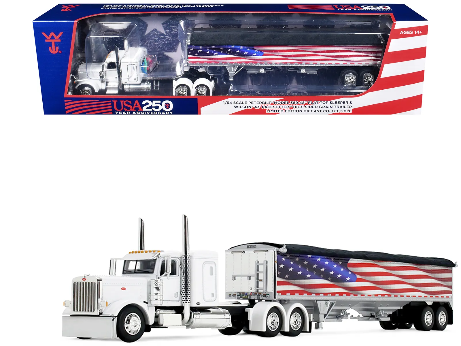 First Gear 69-2368 — Peterbilt 389 with 48" Flat Top Sleeper and 43' Wilson Pacesetter High Side Grain Trailer "Wilson USA 250" White 1/64 Diecast Model by DCP/First Gear