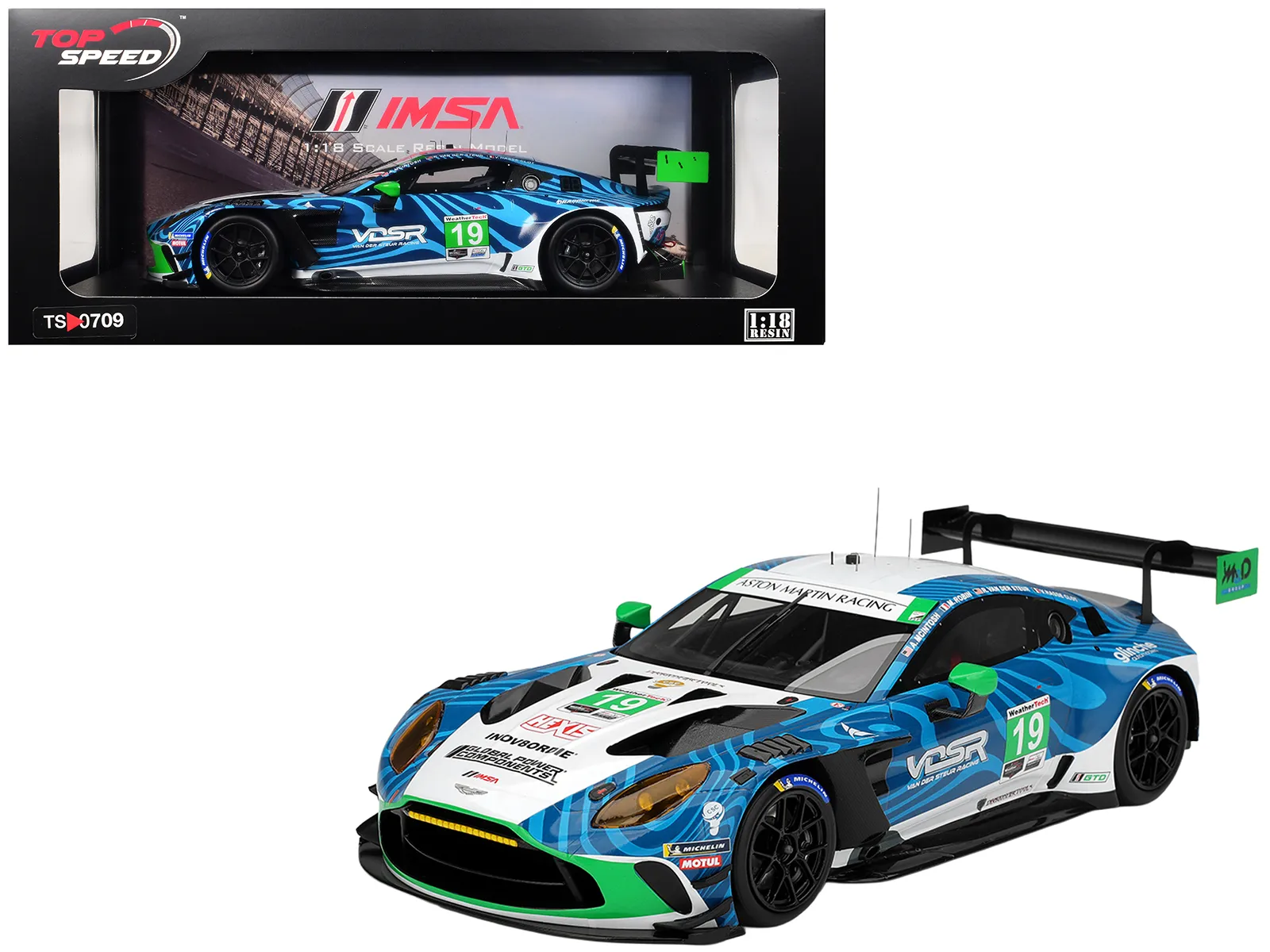 Top Speed TS0709 — Aston Martin Vantage GT3 EVO #19 Valentin Hasse-Clot - Anthony McIntosh - Maxime Robin - Rory van der Steur "van der Steur Racing" IMSA "24 Hours of Daytona" (2025) 1/18 Model Car by Top Speed
