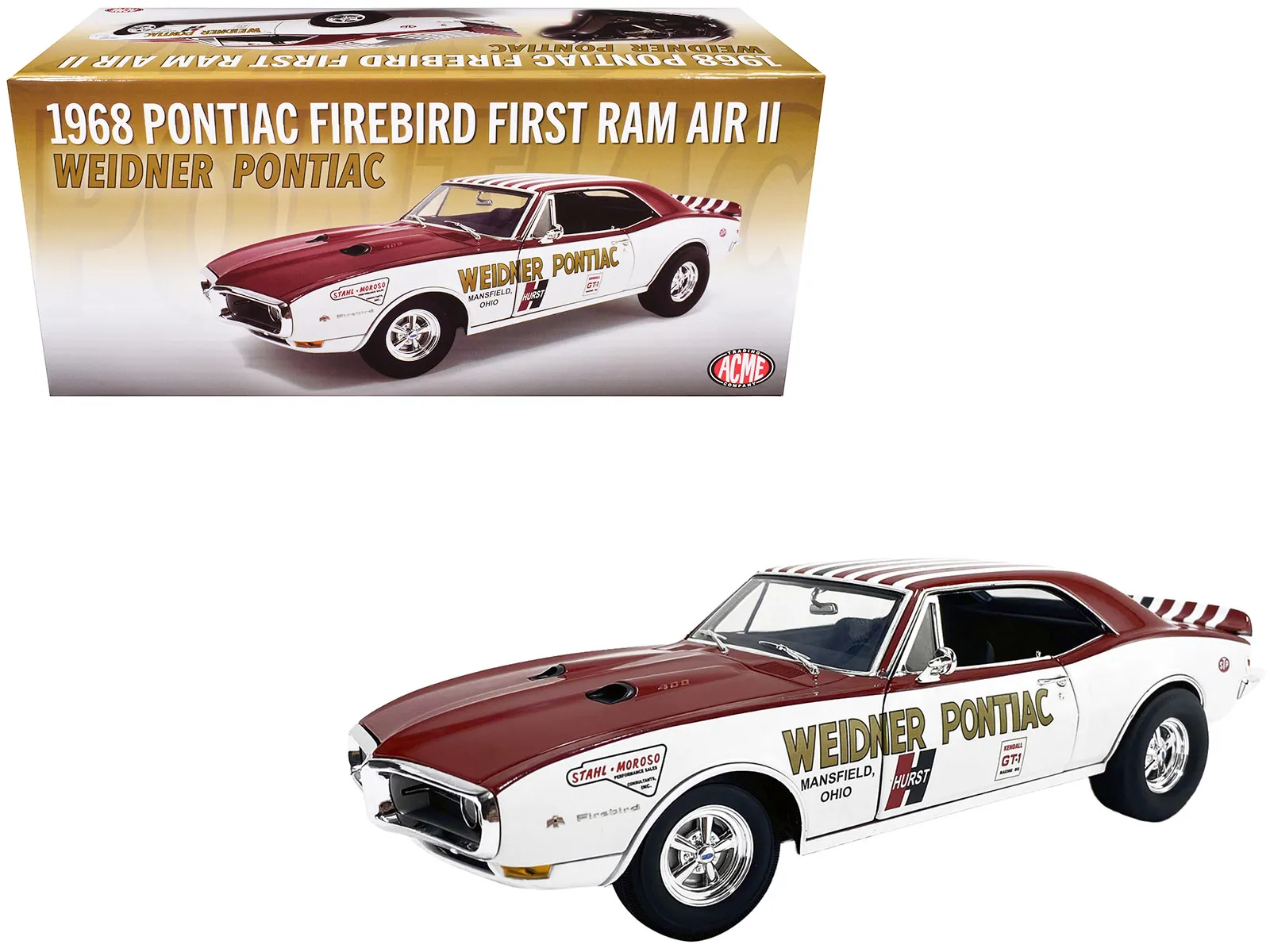 Acme A1805221 — 1968 Pontiac Firebird "First Ram Air II - Weidner Pontiac" White and Red with Stripes Limited Edition to 306 pieces Worldwide 1/18 Diecast Model Car by ACME