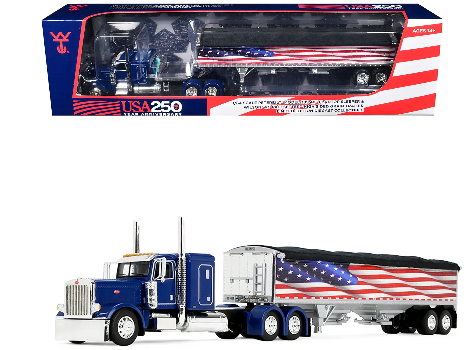 First Gear 69-2366 — Peterbilt 389 with 48" Flat Top Sleeper and 43' Wilson Pacesetter High Side Grain Trailer "Wilson USA 250" Blue 1/64 Diecast Model by DCP/First Gear