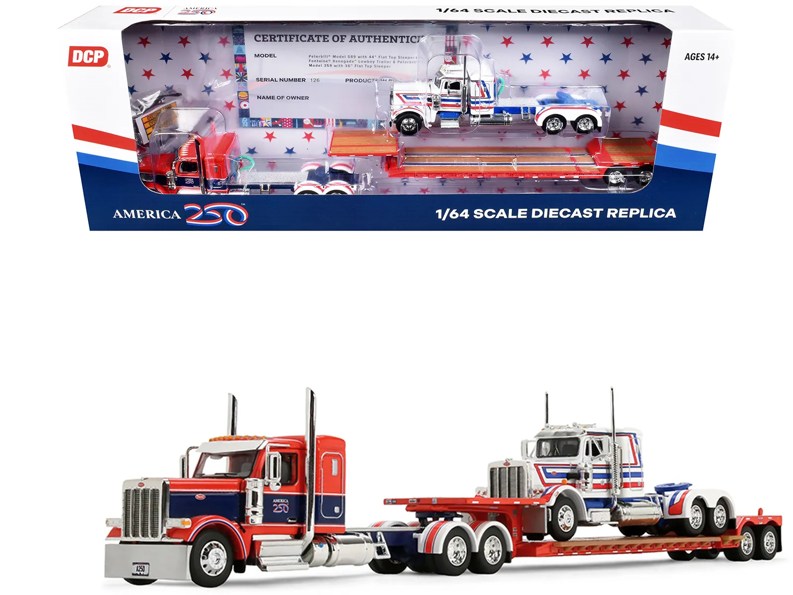 First Gear 69-2348 — Peterbilt 589 with 44" Flat Top Sleeper Red with Blue Stripes and Fontaine Renegade LXT40 Lowboy Trailer with Peterbilt 359 Load White with Blue and Red Stripes "America 250" 1/64 Diecast Model by DCP/First Gear