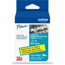 Brother BRT TZEFX651G — Brother P-touch TZeFX651 BK on YL Label Tape, Flexible ID Laminated, 24mmX8m - 15/16" Width - Yellow - Laminated - Water Resistant - 1 Each