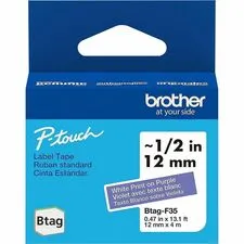 Brother BRT BTAGF35 — Brother P-touch BTAG-F35 White on Purple Label Tape - x 15/32" Width x 13 1/8 ft Length - Removable Adhesive - Purple - Plastic - Water Resistant - 1 Each