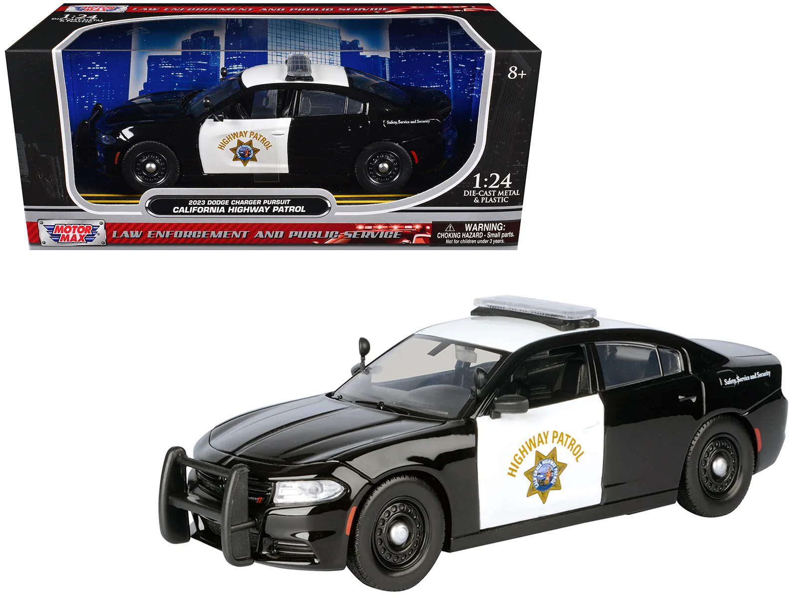 Motormax 76807 — 2023 Dodge Charger Pursuit Police Car "California Highway Patrol" Black and White "Law Enforcement and Public Service" Series 1/24 Diecast Model Car by Motormax