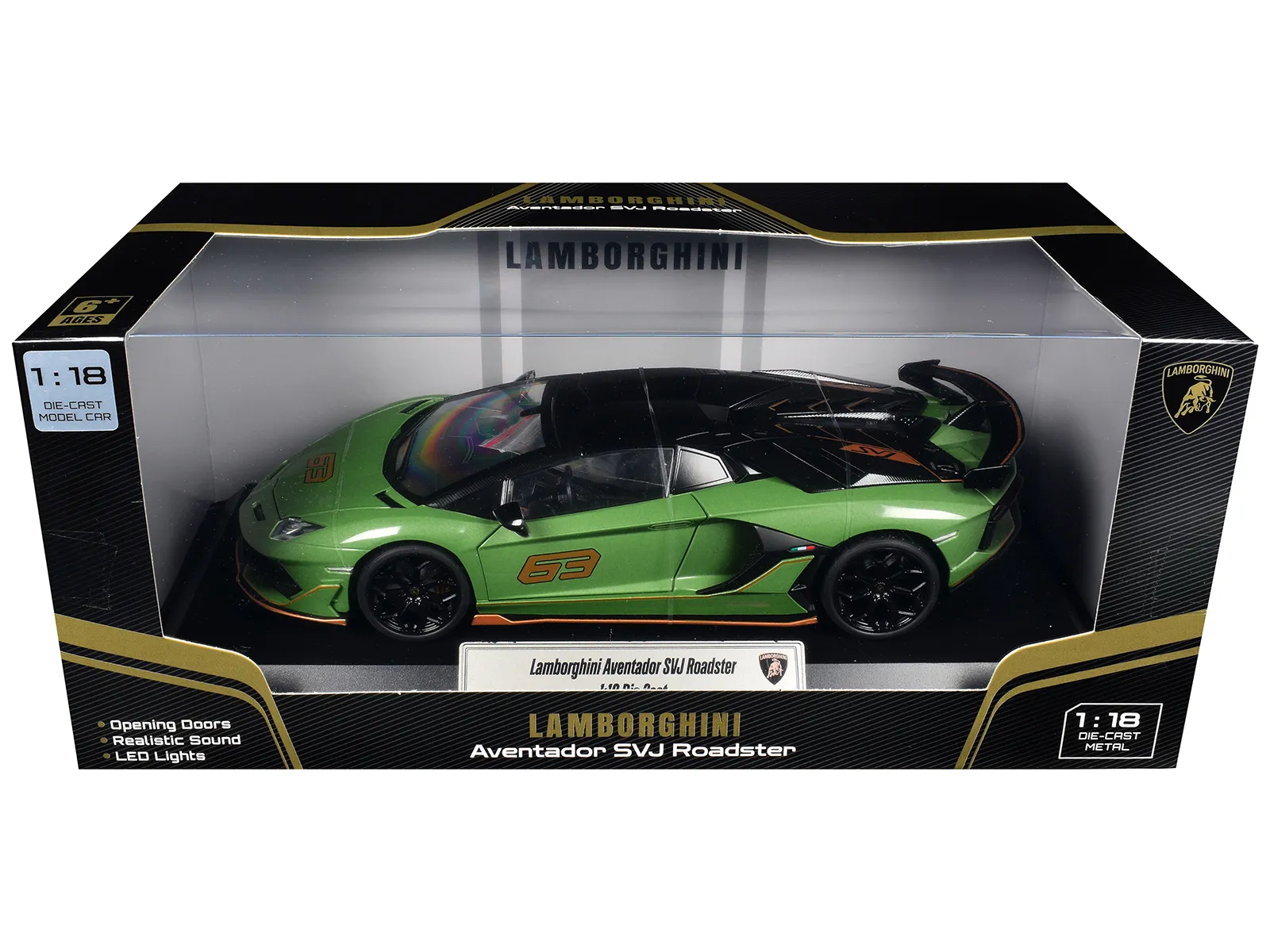 Heimanba H1102GRN — Lamborghini Aventador SVJ Roadster Green Metallic with Carbon Top and Gold Accents 1/18 Diecast Model Car by Heimanba