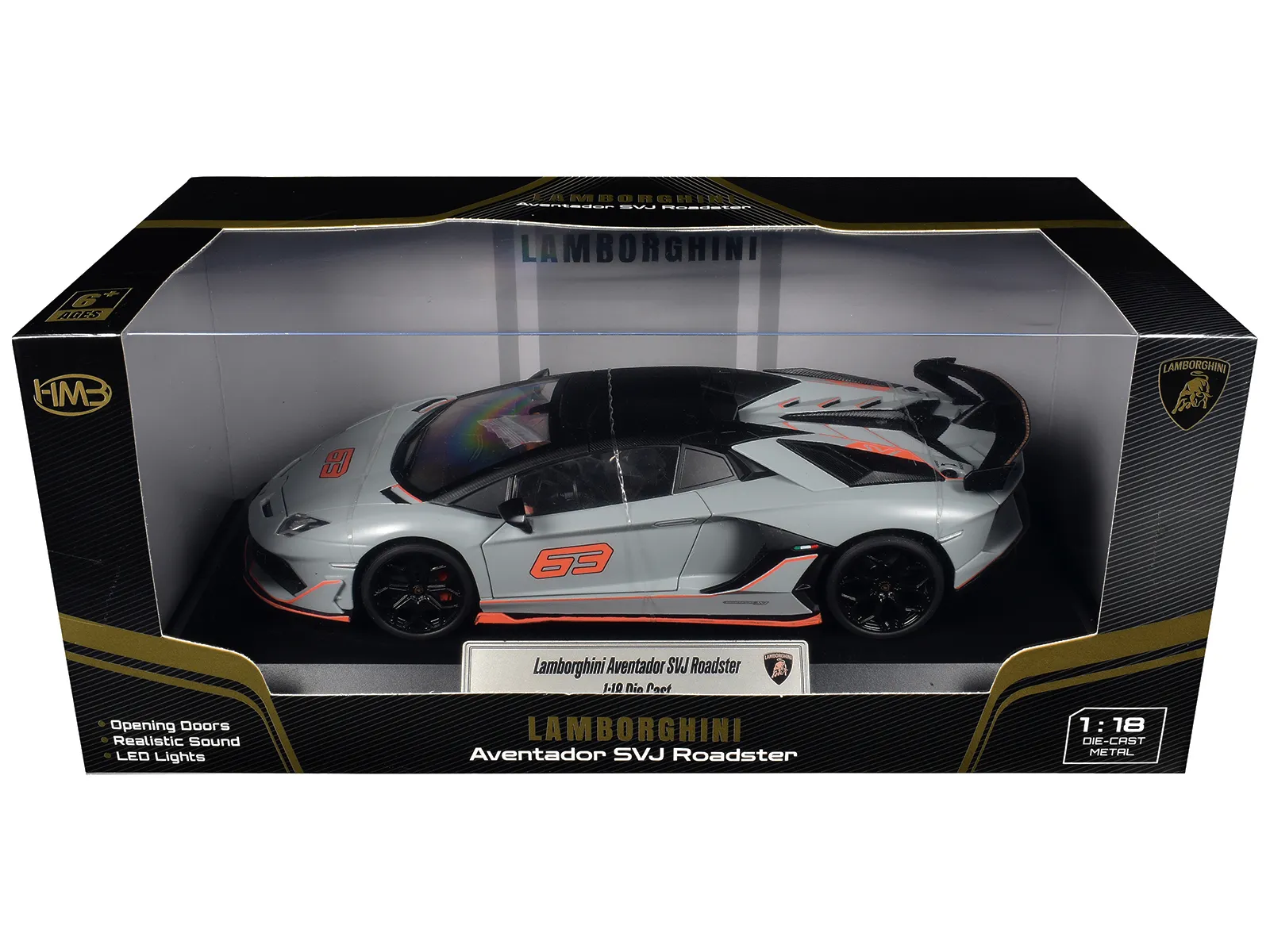 Heimanba H1102GRY — Lamborghini Aventador SVJ Roadster Matt Gray with Carbon Top and Orange Accents 1/18 Diecast Model Car by Heimanba