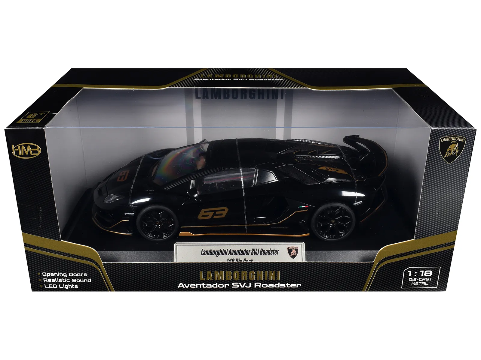 Heimanba H1102BK — Lamborghini Aventador SVJ Roadster Black with Carbon Top and Gold Accents 1/18 Diecast Model Car by Heimanba