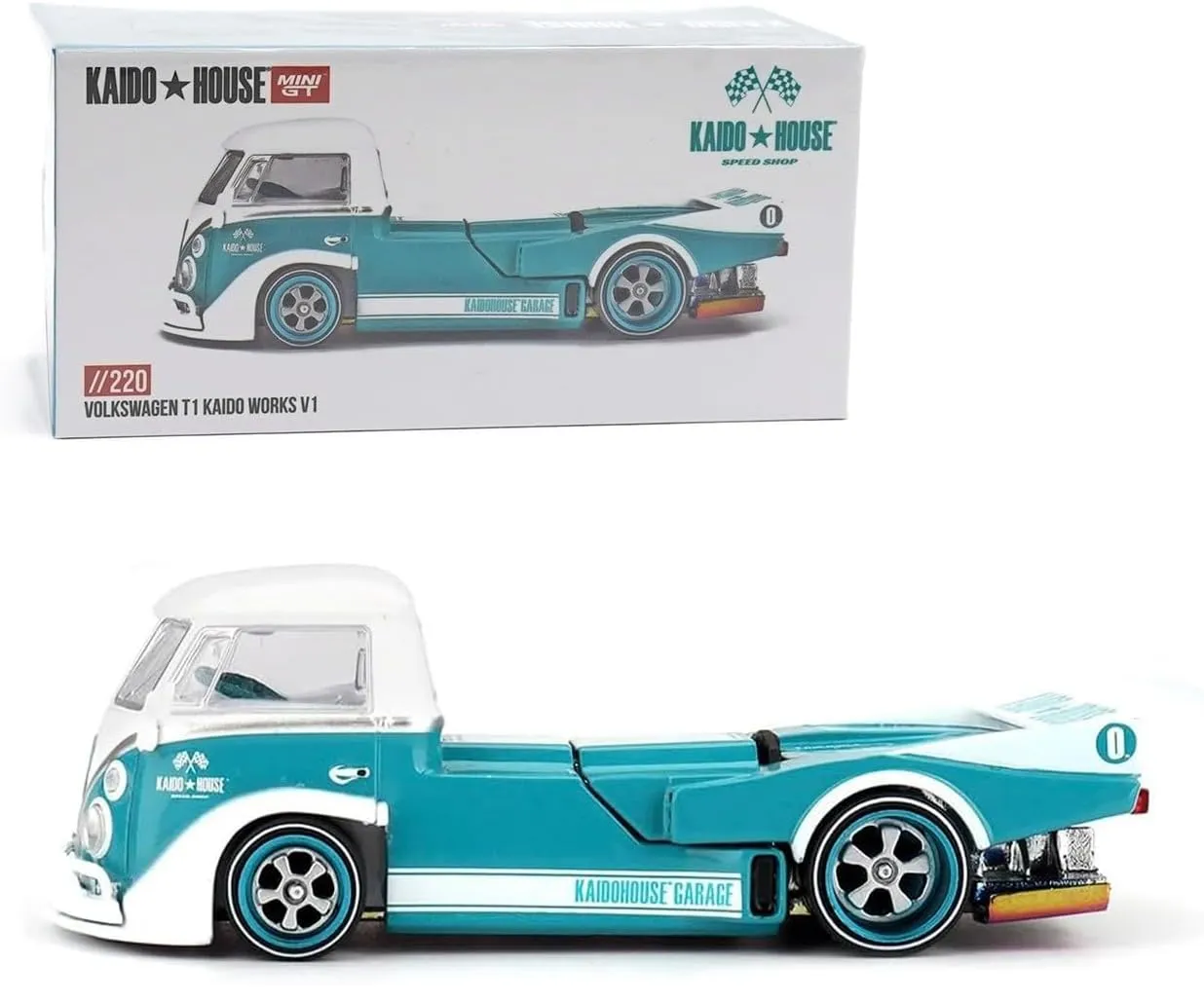 Mini GT KHMG220 — Volkswagen T1 "Kaido Works V1" Truck Turquoise with White Top and Stripes (Designed by Jun Imai) "Kaido House" Special 1/64 Diecast Model Car by Mini GT