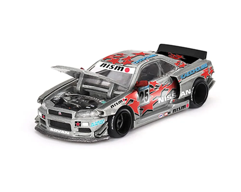Mini GT KHMG197 — Nissan Skyline GT-R (R34) "Kaido Star Racing V1" RHD (Right Hand Drive) #25 Gray Metallic with Black Hood and Graphics (Designed by Jun Imai) "Kaido House" Special 1/64 Diecast Model Car by Mini GT