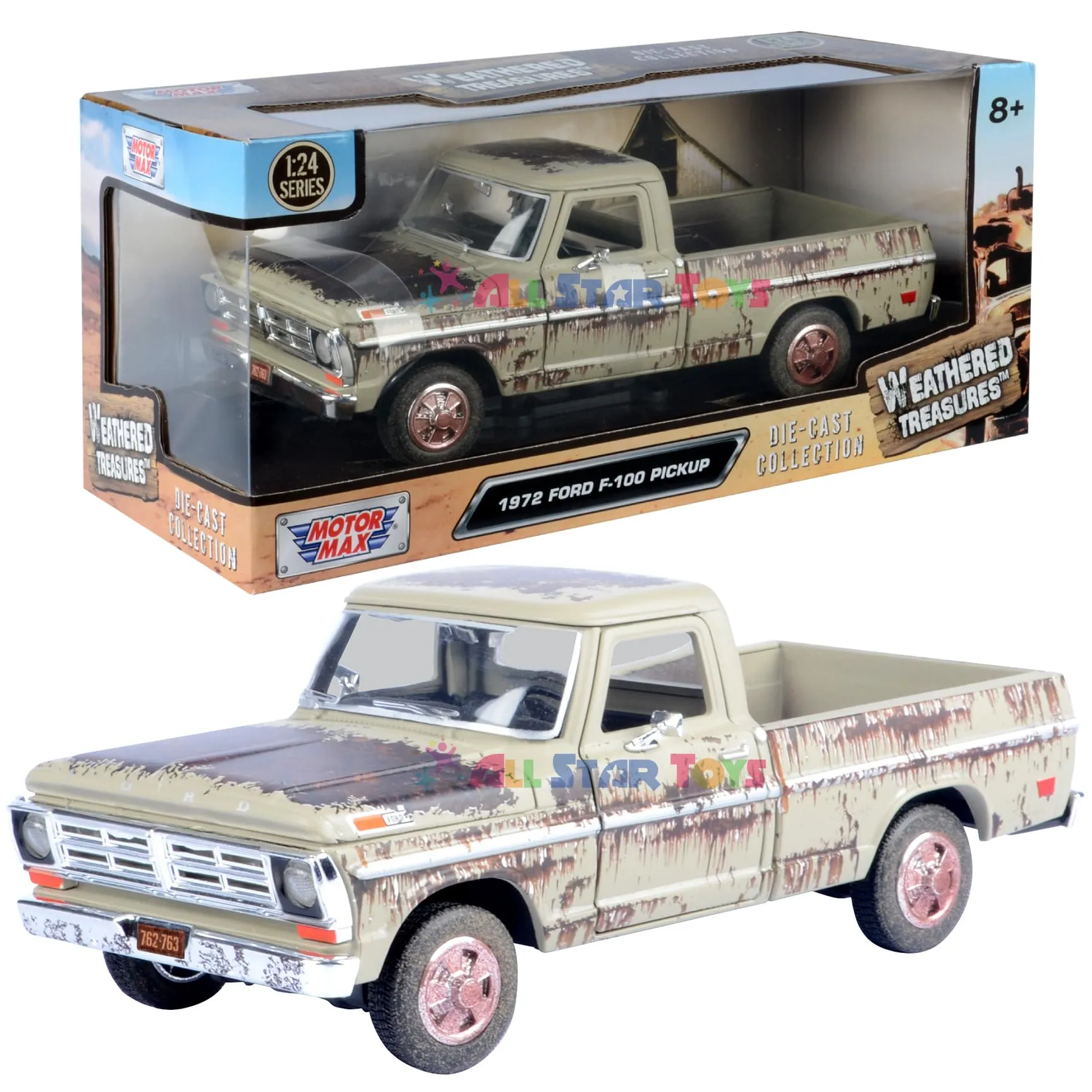 Motormax 79074BG — 1972 Ford F-100 Pickup Truck Beige (Rusted) "Weathered Treasures" Series 1/24 Diecast Model Car by Motormax