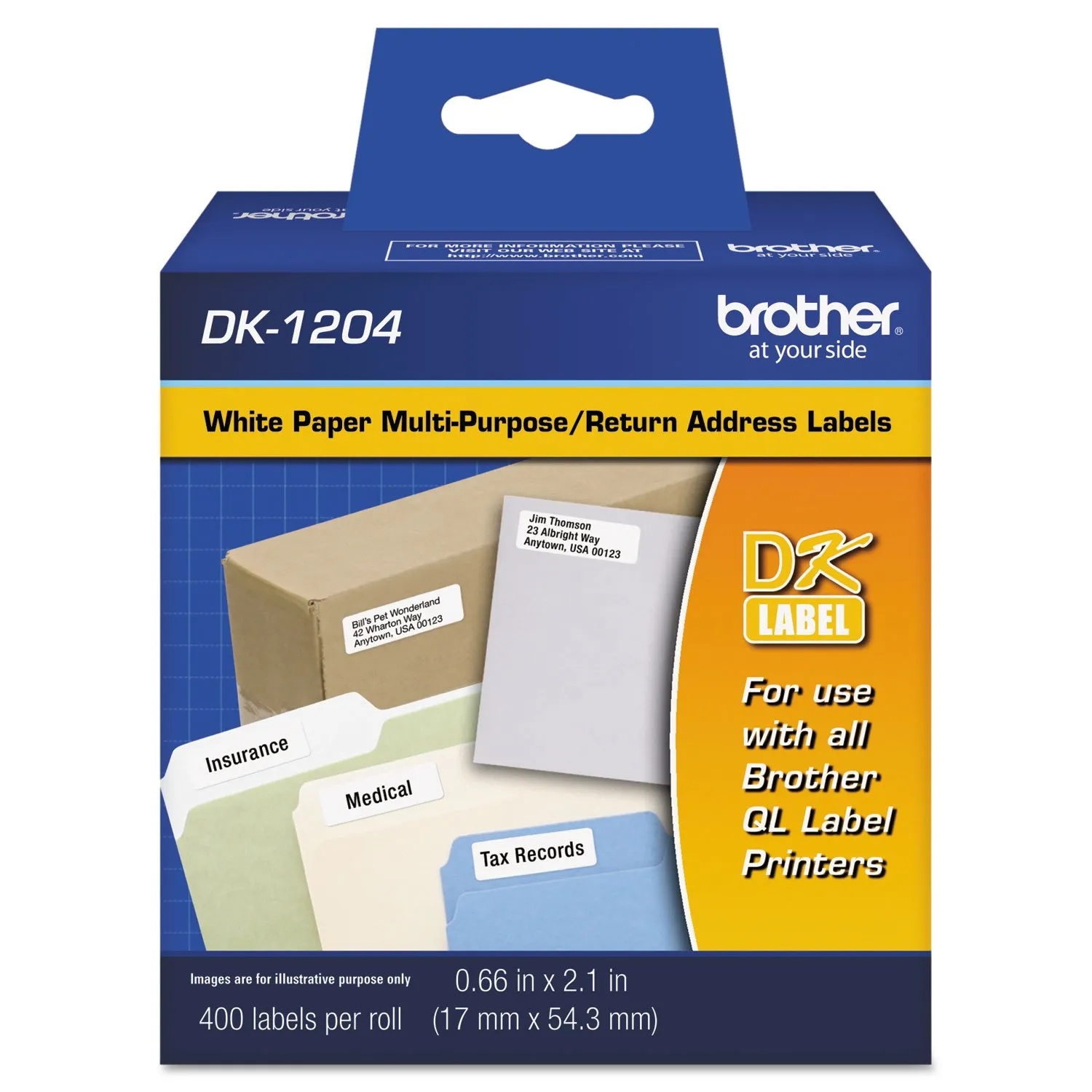 Brother BRT DK1204 — Brother QL Printer DK1204 Multipurpose Labels - 2 1/8" Width x 21/32" Length - Rectangle - Direct Thermal - White - Paper - 400 / Roll - 1 Roll