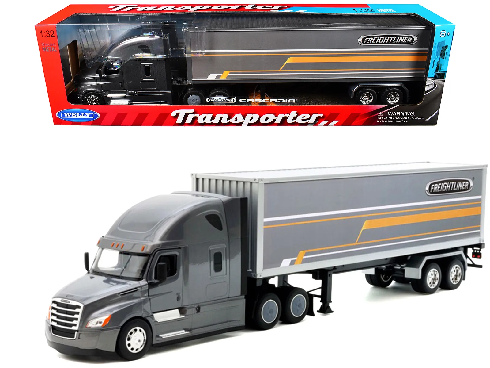 Welly 32696W-MJ-C — Freightliner Cascadia Truck Gray Metallic with Gray Container with Graphics "Transporter" Series 1/32 Diecast Model by Welly