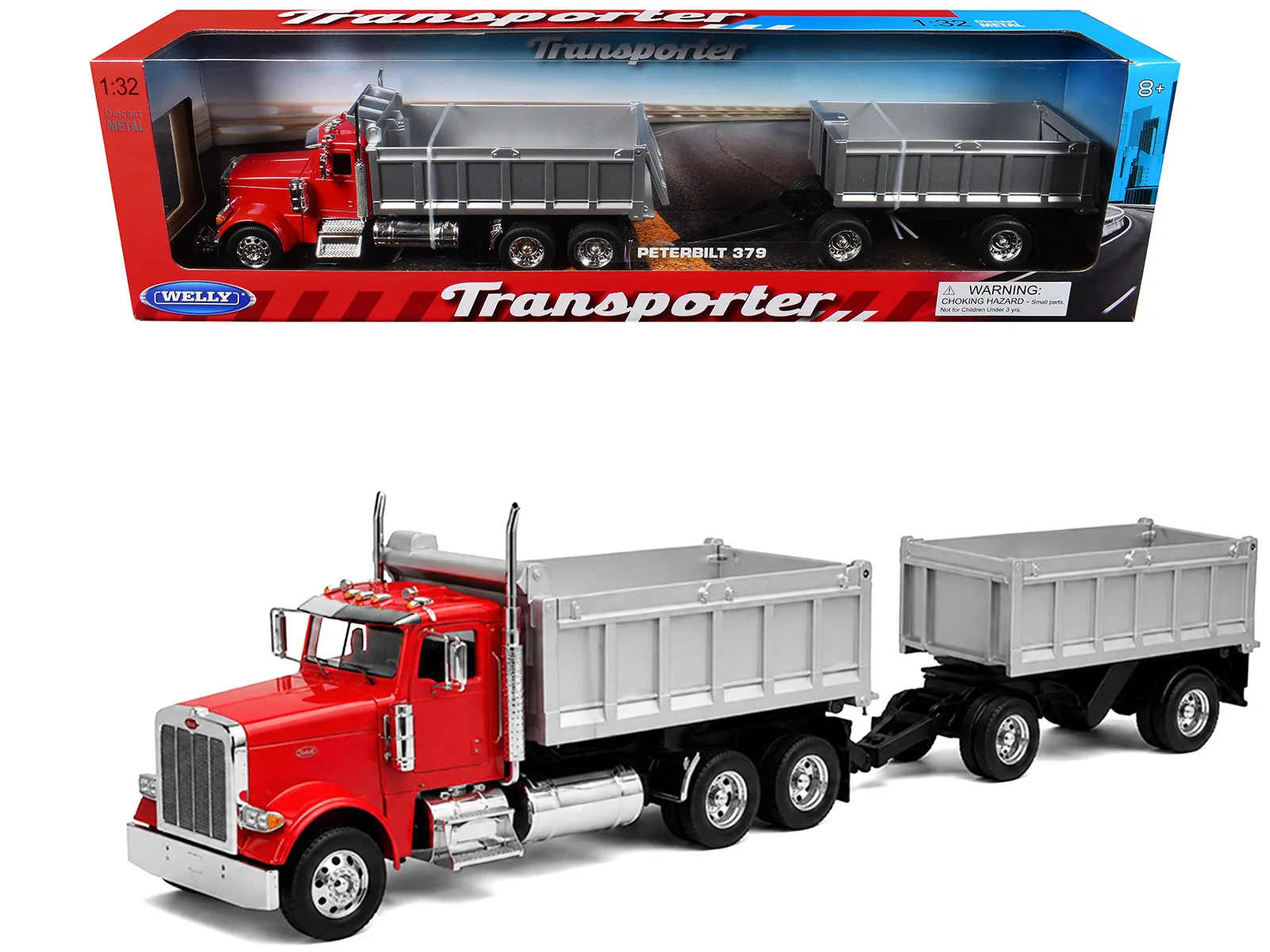 Welly 39944-2GRD — Peterbilt 379 Dump Truck Red with Gray Double Dump Trailer "Transporter" Series 1/32 Diecast Model by Welly