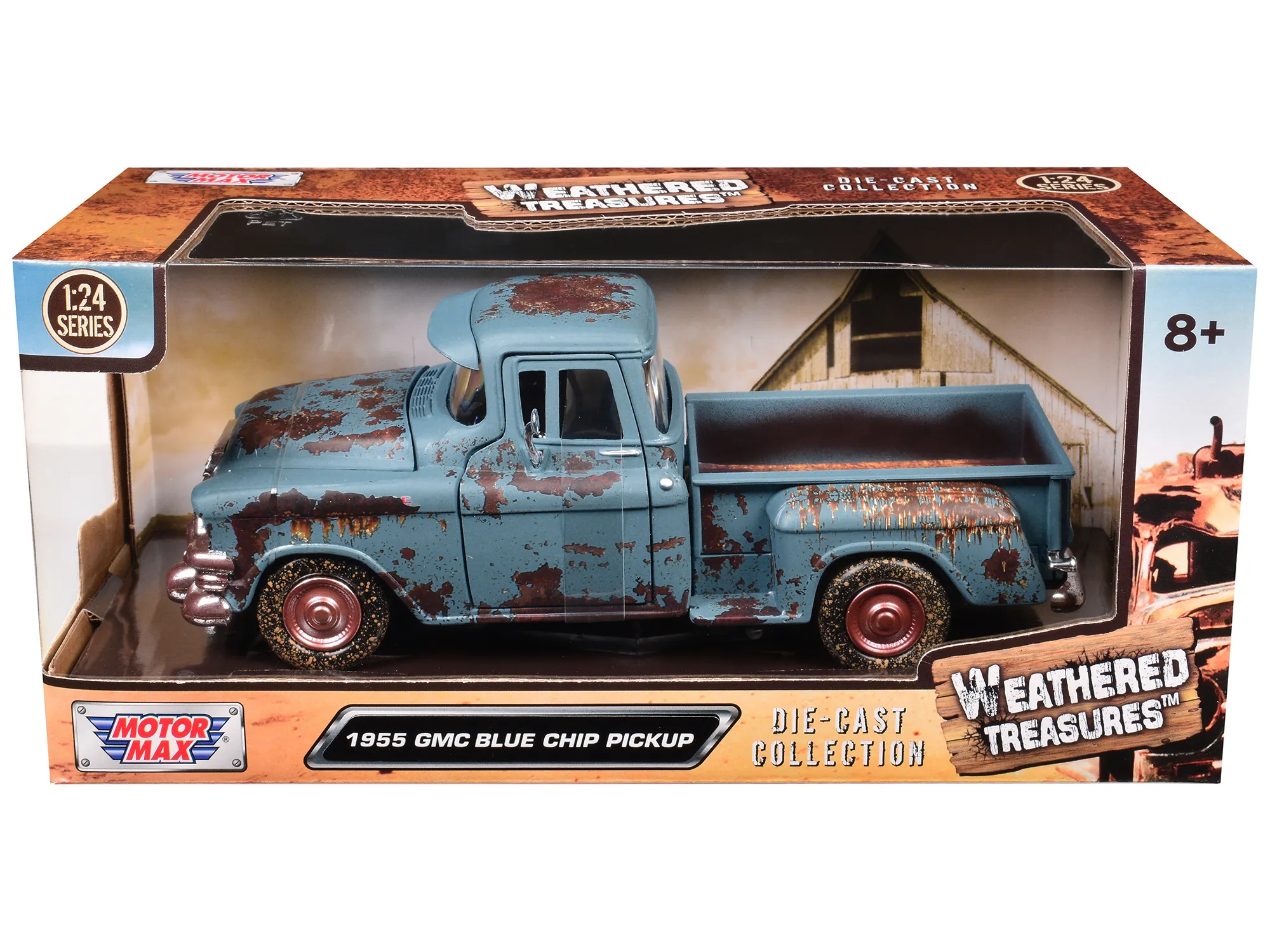 Motormax 79071BL — 1955 GMC Blue Chip Pickup Truck Matt Blue (Rusted) "Weathered Treasures" Series 1/24 Diecast Model Car by Motormax