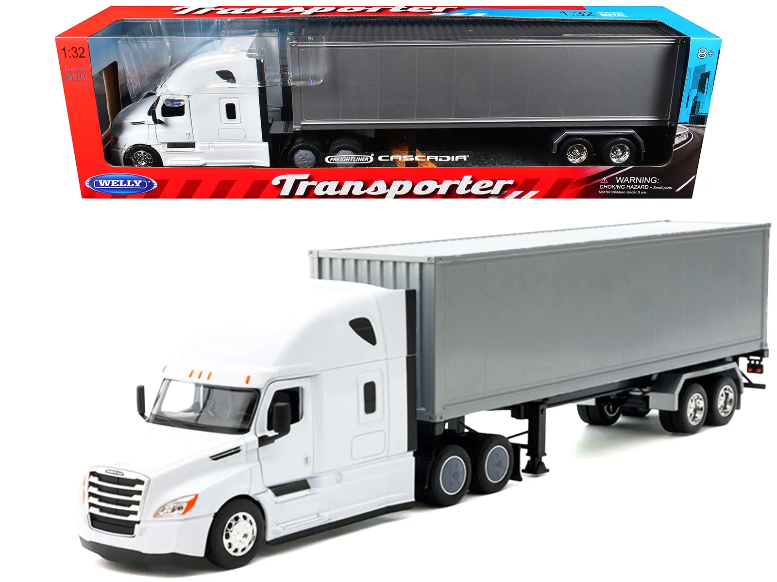 Welly 32696W-WH — Freightliner Cascadia Truck White with Gray Container "Transporter" Series 1/32 Diecast Model by Welly