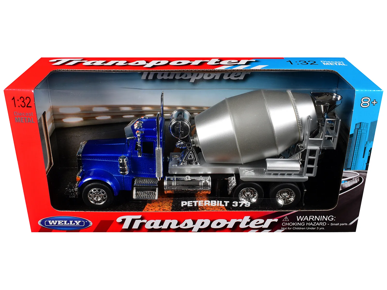 Welly 39943W-BL — Peterbilt 379 Cement Mixer Blue Metallic with Chrome and Silver Mixer "Transporter" Series 1/32 Diecast Model by Welly
