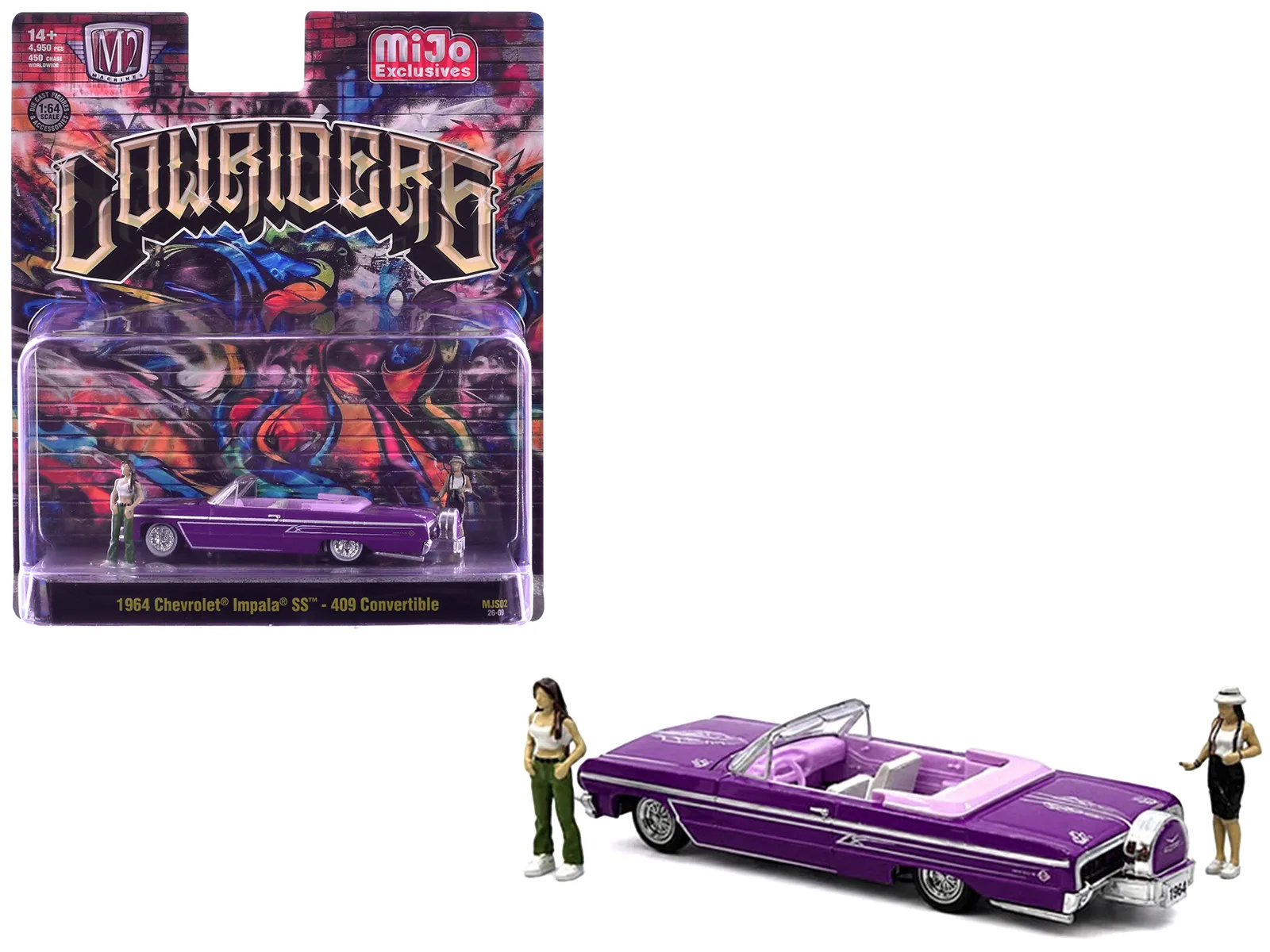 M2 67500-MJS02 — 1964 Chevrolet Impala SS 409 Convertible Purple Metallic with Purple and White Interior with 2 Figures Limited Edition to 4950 pieces Worldwide 1/64 Diecast Models by M2 Machines