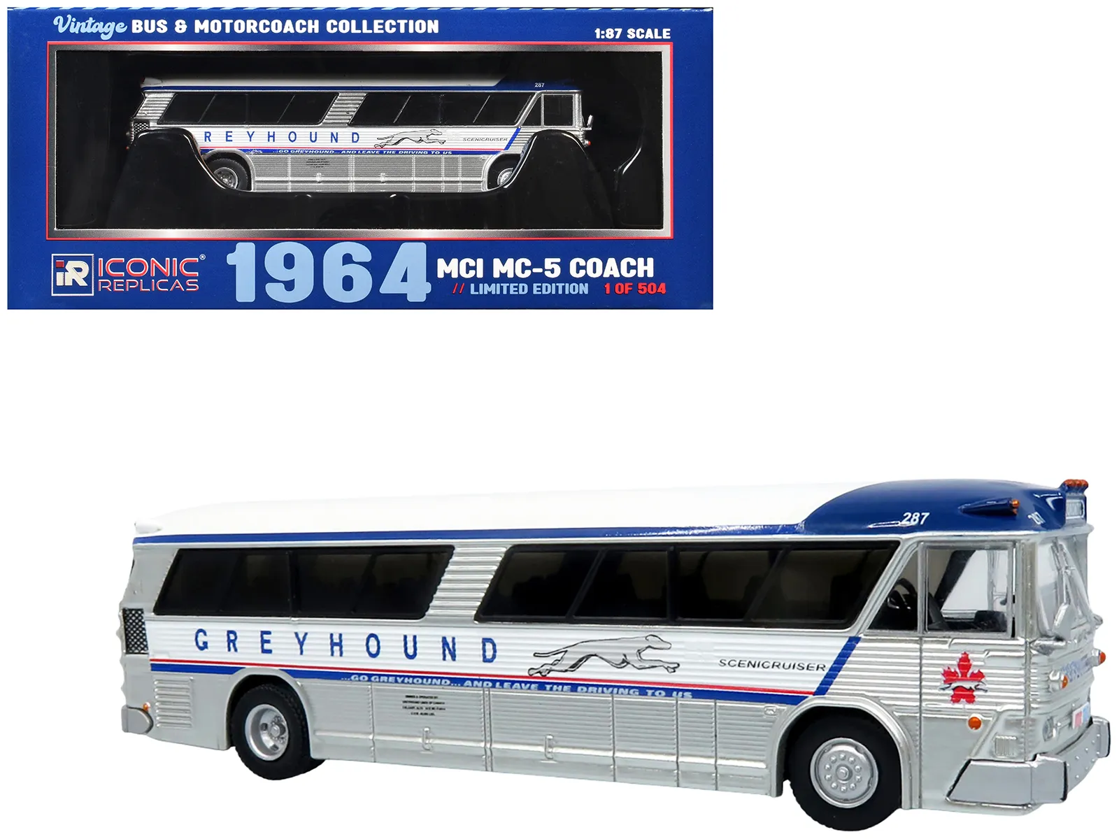 Iconic Replicas 87-0629 — 1964 MCI MC-5A Coach Bus "Greyhound Canada" White with Blue Stripes "Vintage Bus & Motorcoach Collection" Limited Edition to 504 pieces Worldwide 1/87 (HO) Diecast Model by Iconic Replicas