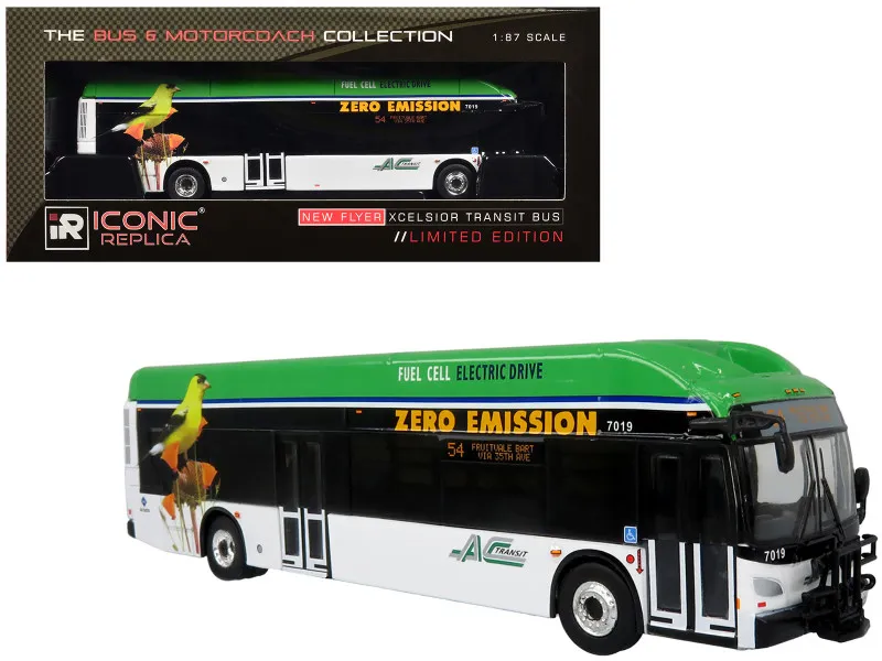 Iconic Replicas 87-0535 — Flyer Xcelsior XHE40 Transit Bus "AC Transit - Zero Emission" White and Green with Graphics "The Bus & Motorcoach Collection" Limited Edition 1/87 (HO) Diecast Model by Iconic Replicas