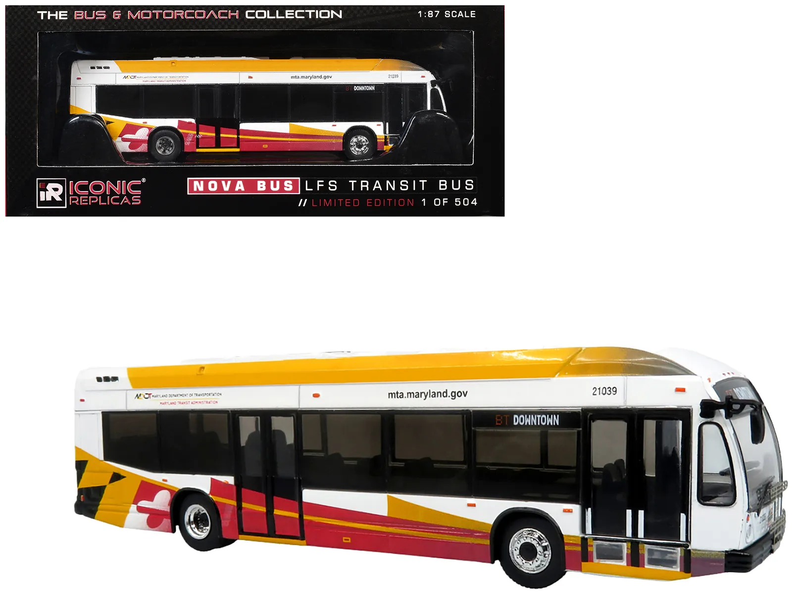 Iconic Replicas 87-0634 — Nova Bus LFSH Hybrid Transit Bus "MTA Maryland" White with Red and Yellow Graphics "The Bus & Motorcoach Collection" Limited Edition to 504 pieces Worldwide 1/87 (HO) Diecast Model by Iconic Replicas
