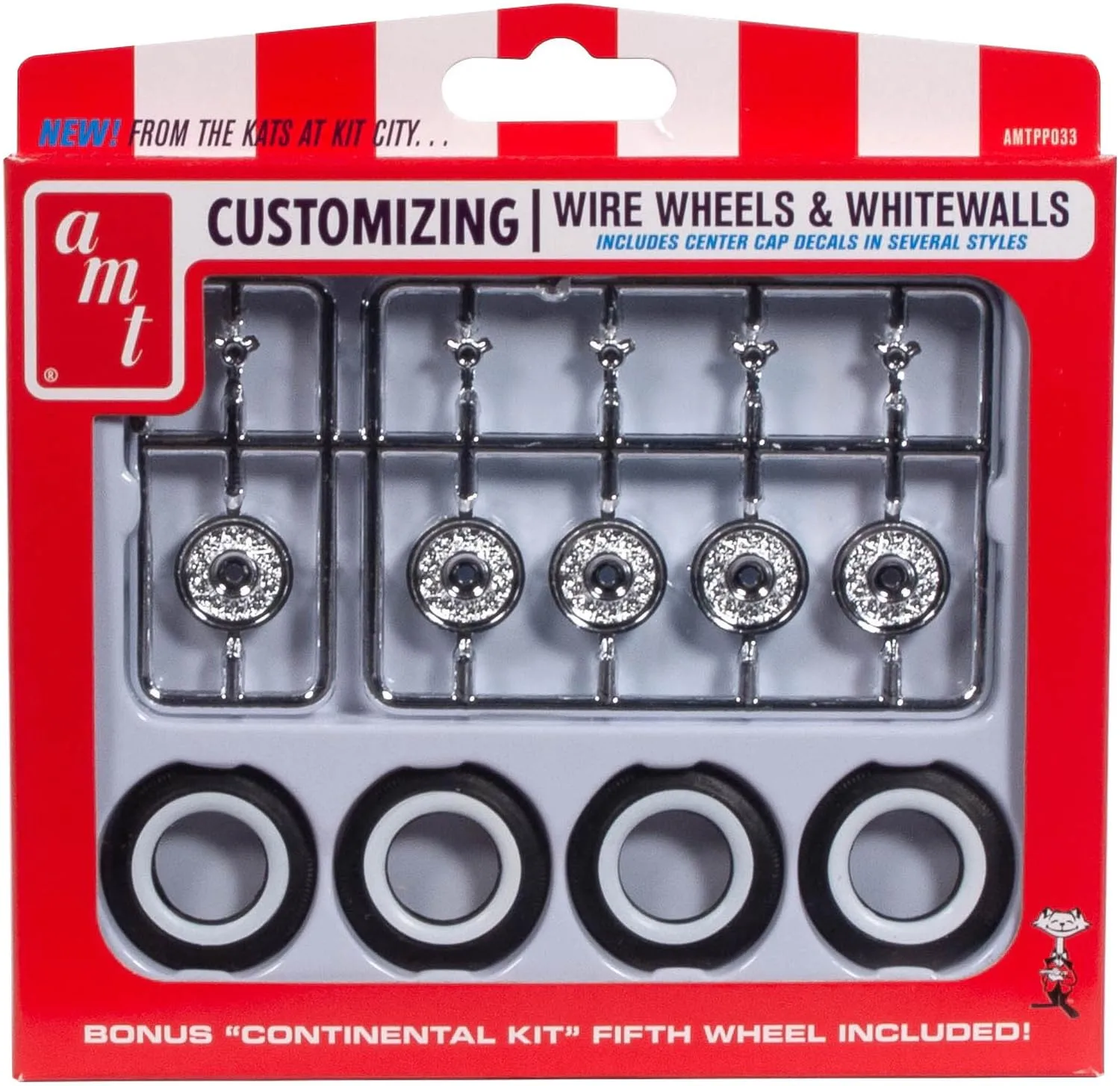 AMT AMTPP033 — Skill 2 Model Kit Wire Wheels and Whitewall Tires Set of 5 Pieces for 1/25 Scale Models by AMT