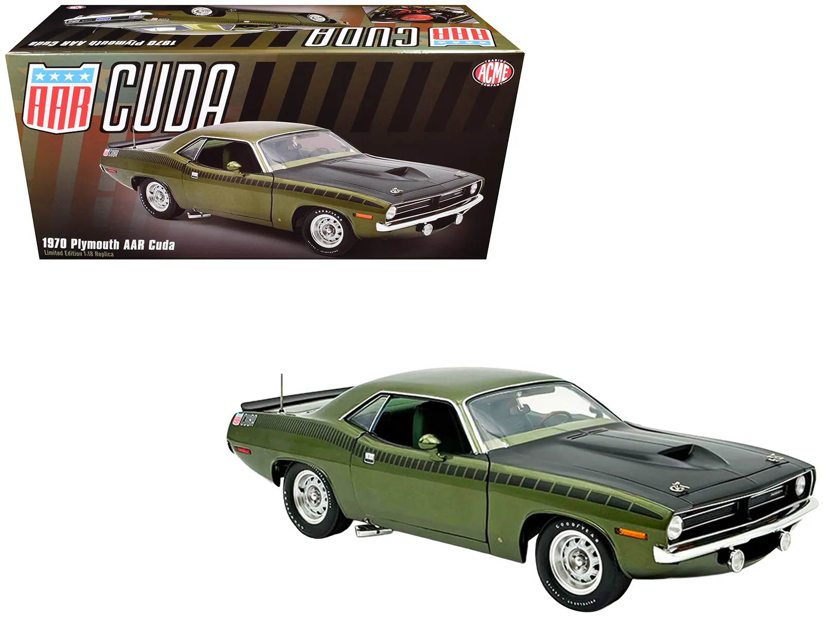 Acme A1806140 — 1970 Plymouth AAR Cuda Ivy Green Metallic with Black Stripes and Green Interior Limited Edition to 576 pieces Worldwide 1/18 Diecast Model Car by ACME