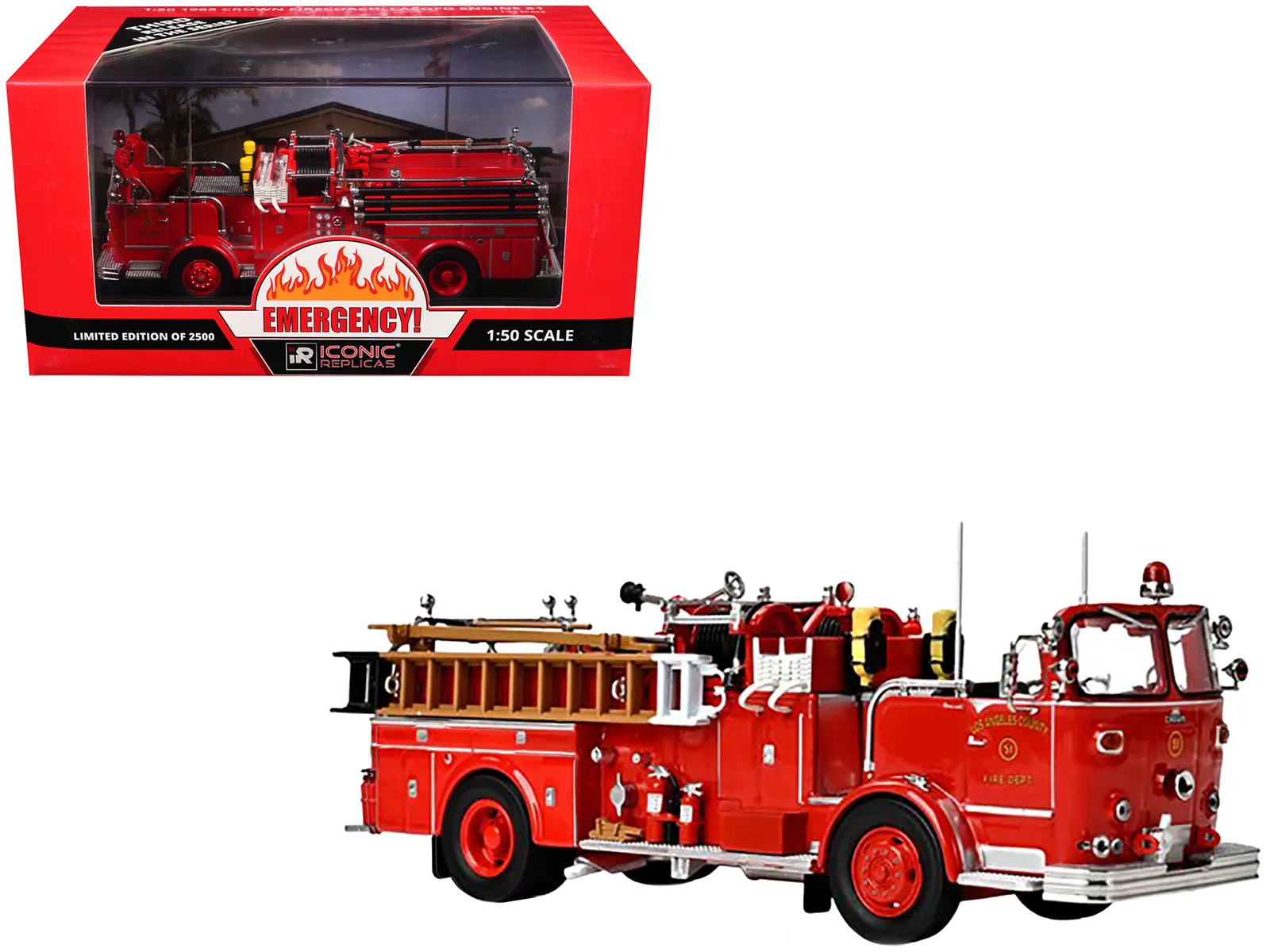 Iconic Replicas 50-0544 — 1965 Crown Firecoach Fire Engine "Los Angeles County Fire Department" LA County FD (LACFD) "Emergency!" Series Limited Edition to 2500 pieces Worldwide 1/50 Diecast Model by Iconic Replicas