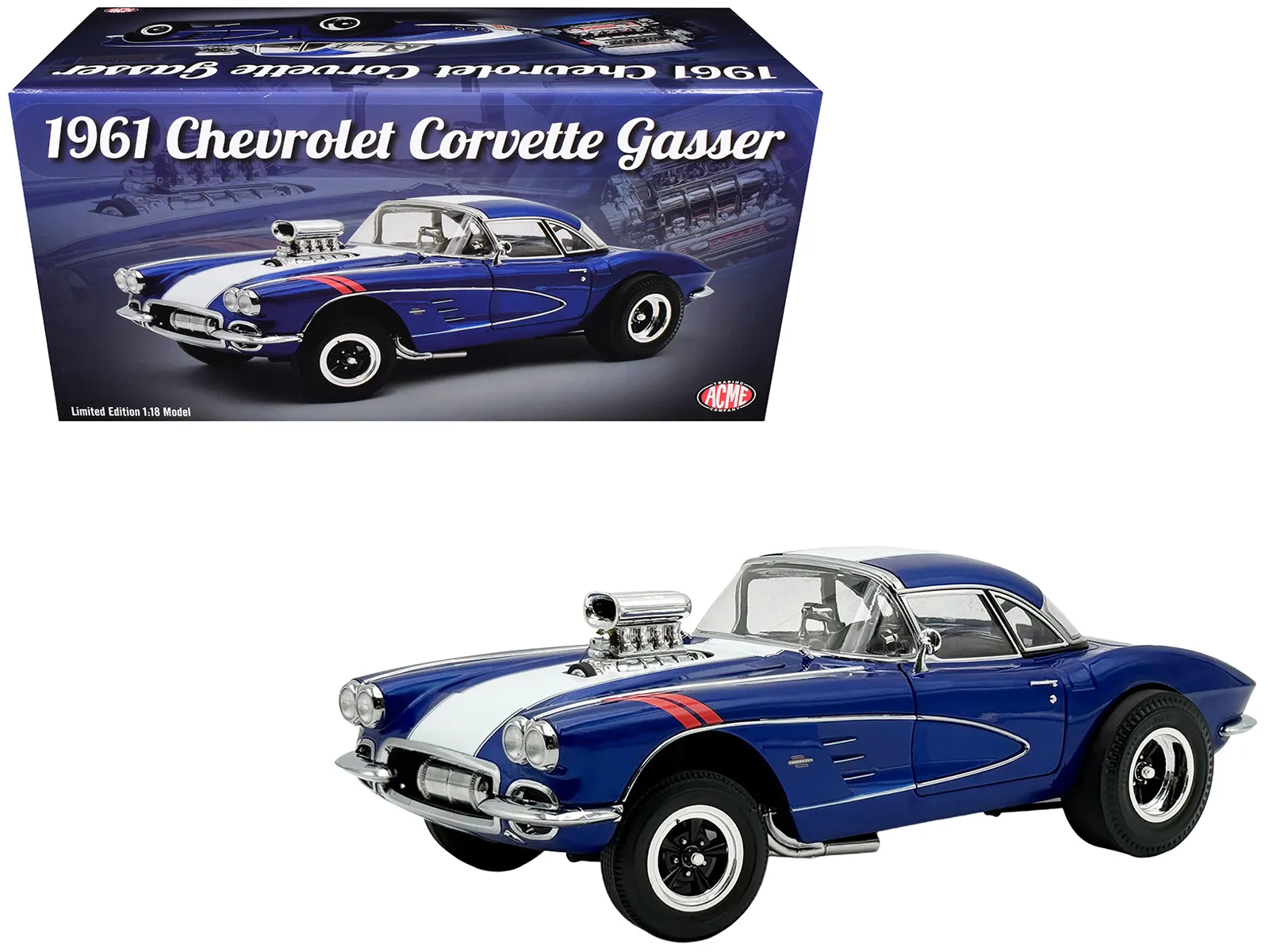 Acme A1800939 — 1961 Chevrolet Corvette Grand Sport Gasser Admiral Blue Metallic with White Stripe Limited Edition to 204 pieces Worldwide 1/18 Diecast Model Car by ACME