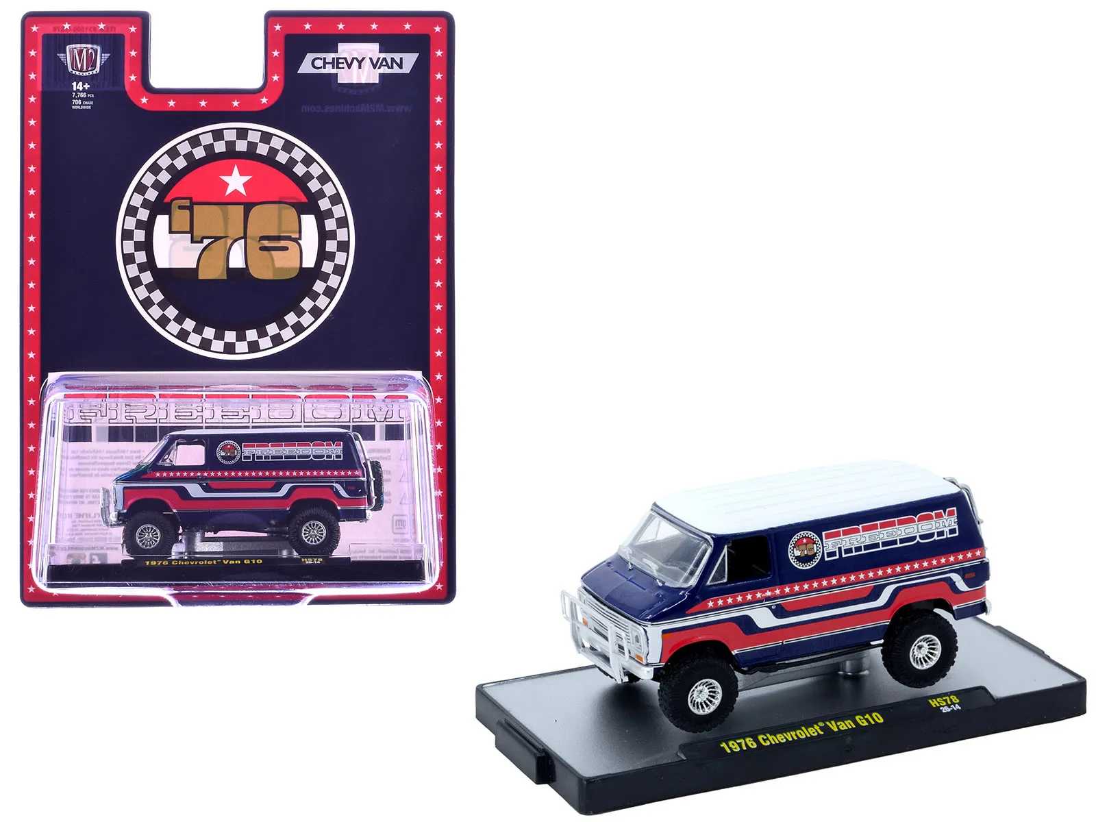 M2 31500-HS78 — 1976 Chevrolet G10 Van "Freedom '76" Dark Blue with White Top and Red and White Graphics Limited Edition to 7766 pieces 1/64 Diecast Model Car by M2 Machines