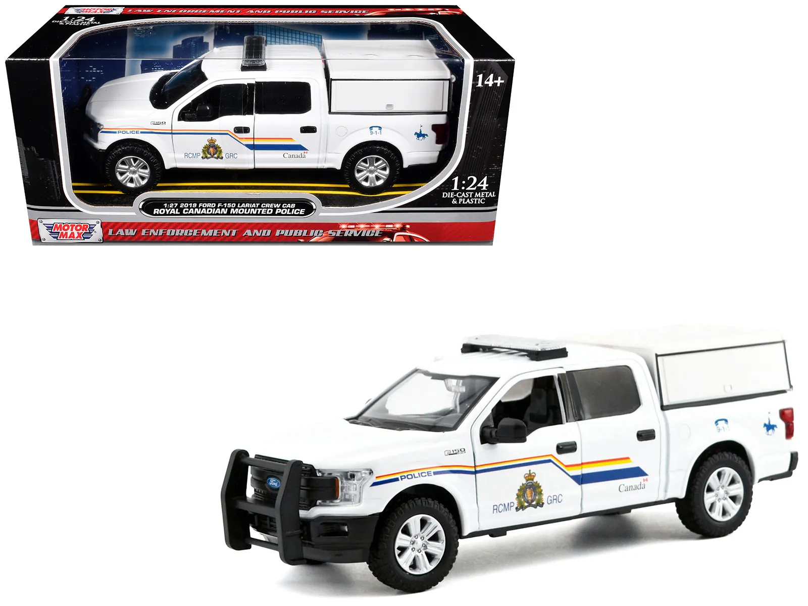 Motormax 76647 — 2019 Ford F-150 Lariat Crew Cab Pickup Truck with Camper Box "Royal Canadian Mounted Police" White "Law Enforcement and Public Service" Series 1/27 Diecast Model Car by Motormax