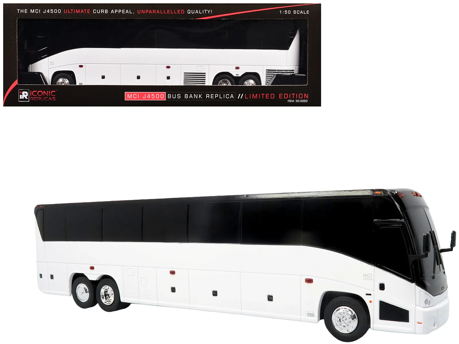Iconic Replicas 50-0093 — MCI J4500 Coach Bus Bank White Limited Edition 1/50 Model by Iconic Replicas