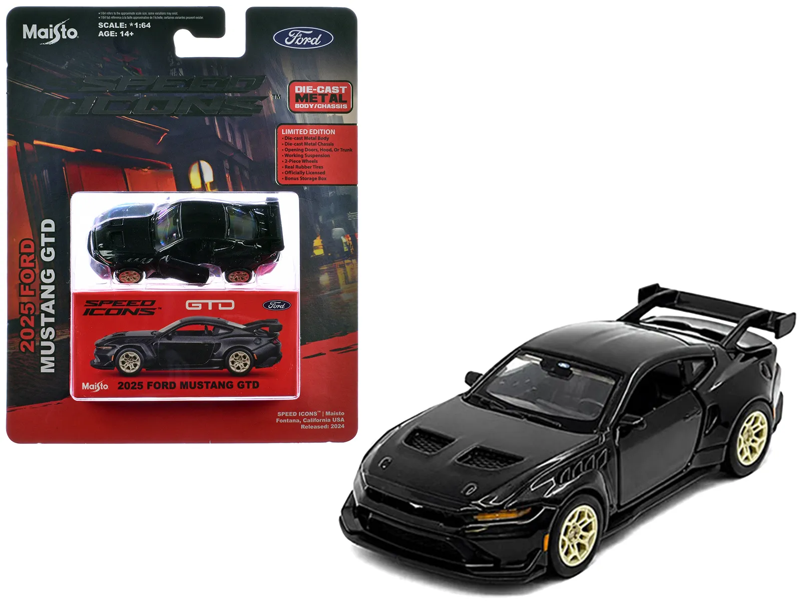 Maisto 15713BK — 2025 Ford Mustang GTD Black Metallic "Speed Icons" Series 1/64 Diecast Model Car by Maisto