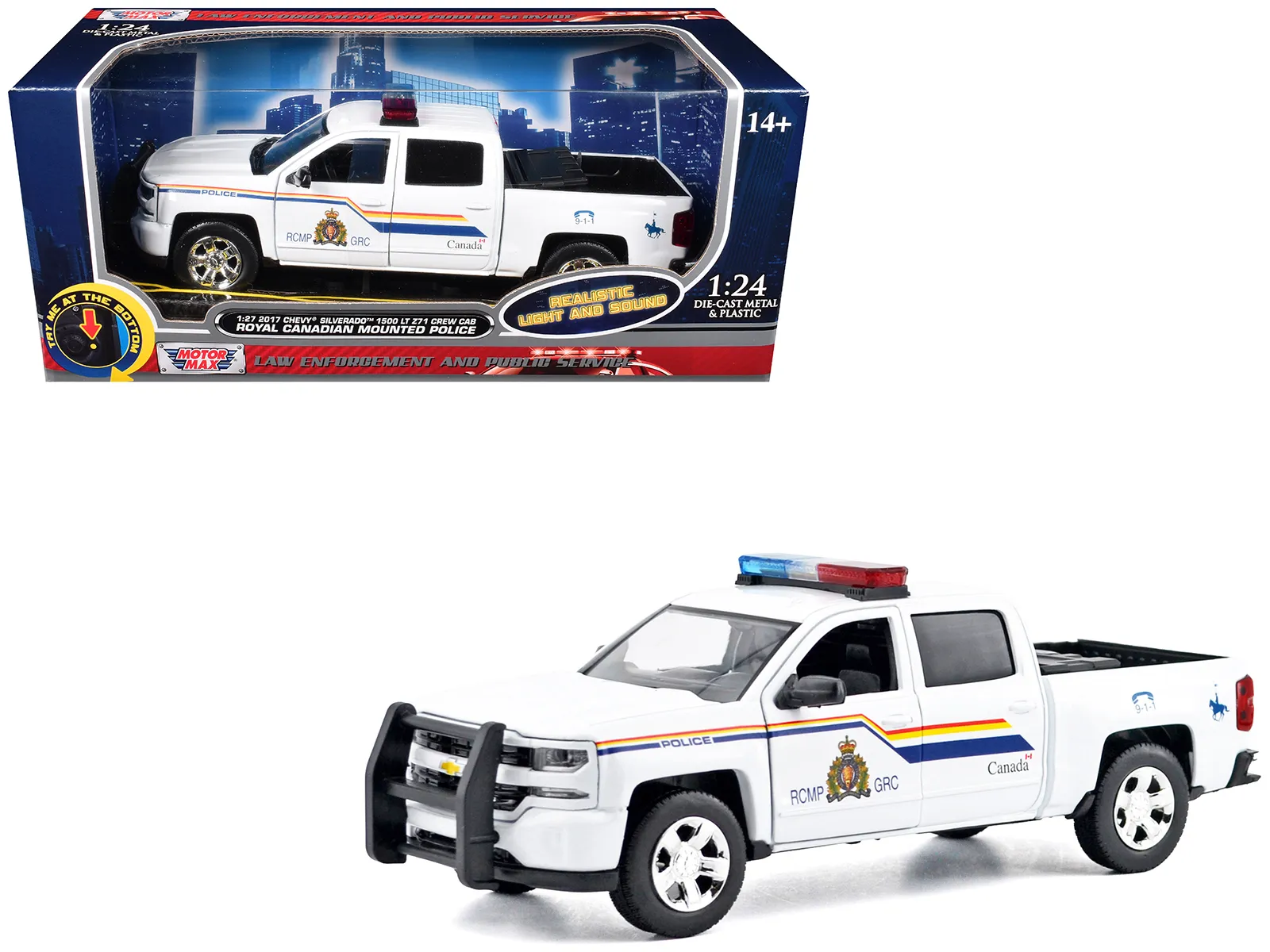 Motormax 79515 — 2017 Chevrolet Silverado 1500 LT Z71 Crew Cab Pickup Truck "Royal Canadian Mounted Police" White with Flashing Light Bar and Front and Rear Lights and Sounds "Law Enforcement and Public Service" Series 1/27 Diecast Model Car by Motormax