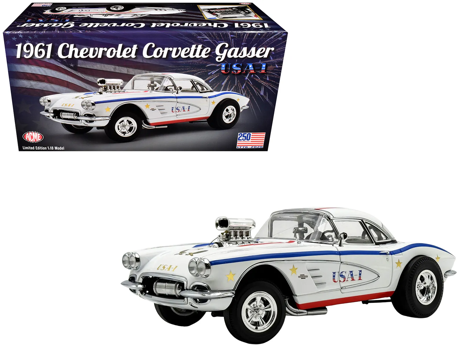Acme A1800939USA — 1961 Chevrolet Corvette Grand Sport Gasser "USA-1" White with Blue and Red Stripes Limited Edition to 362 pieces Worldwide 1/18 Diecast Model Car by ACME