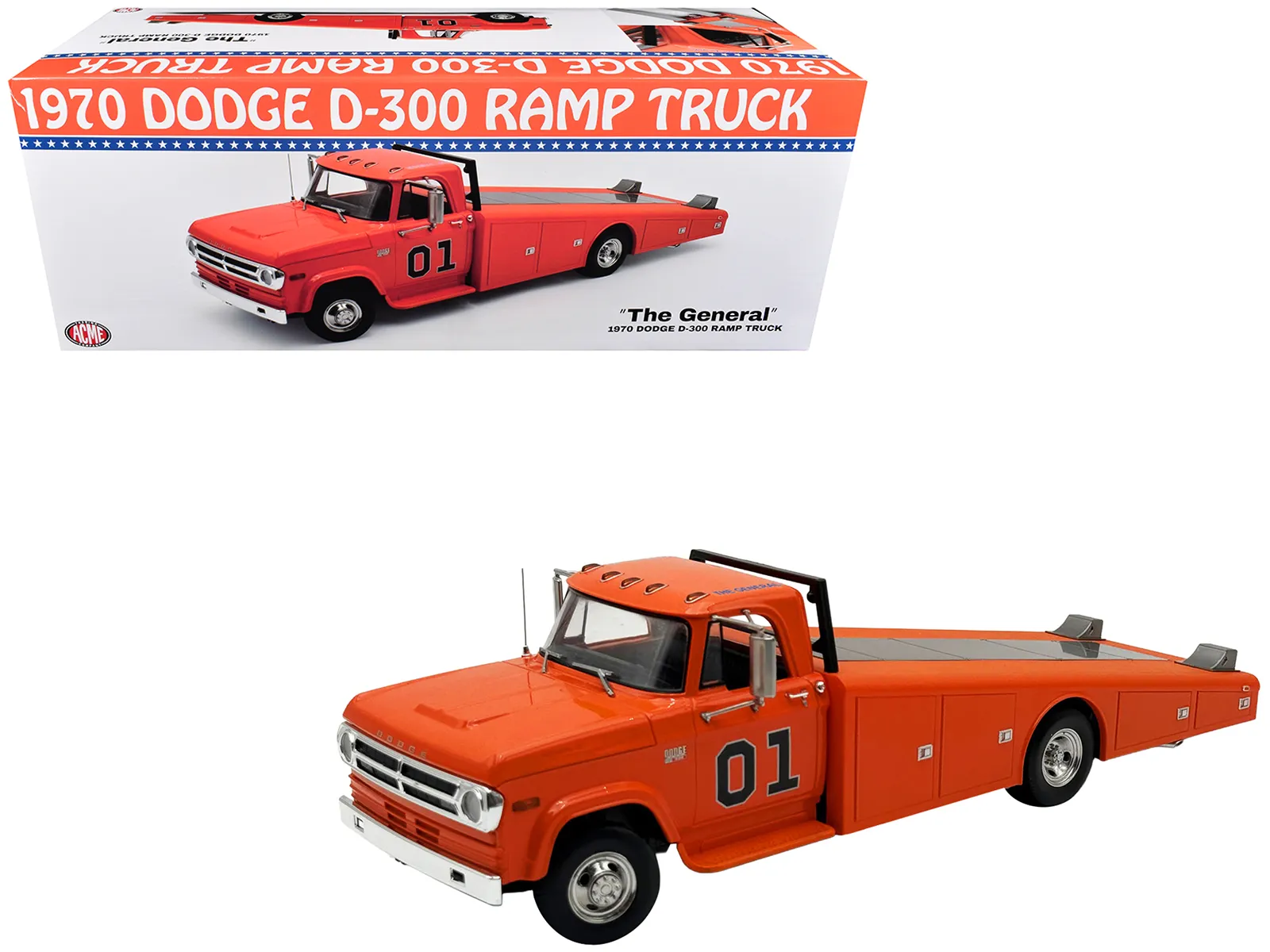 Acme A1801919 — 1970 Dodge D-300 Ramp Truck #01 "The General" Orange Limited Edition to 852 pieces Worldwide 1/18 Diecast Model Car by ACME