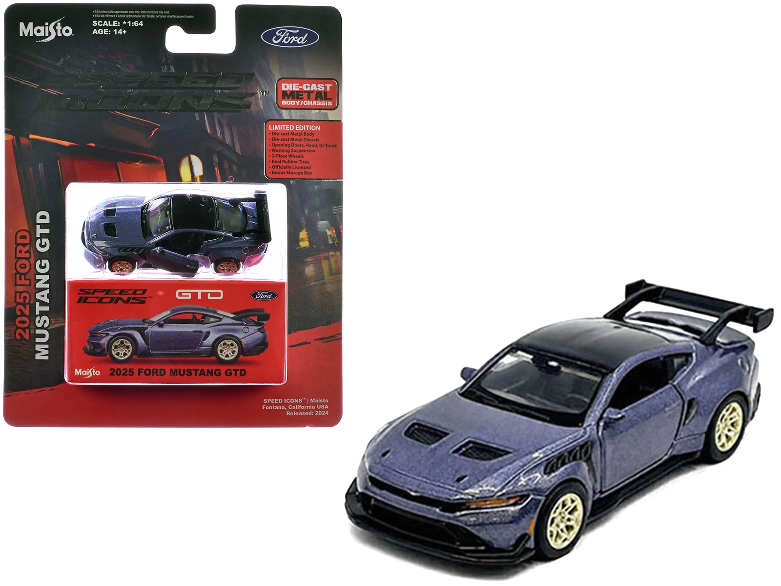 Maisto 15713PU — 2025 Ford Mustang GTD Purple Metallic with Black Top "Speed Icons" Series 1/64 Diecast Model Car by Maisto