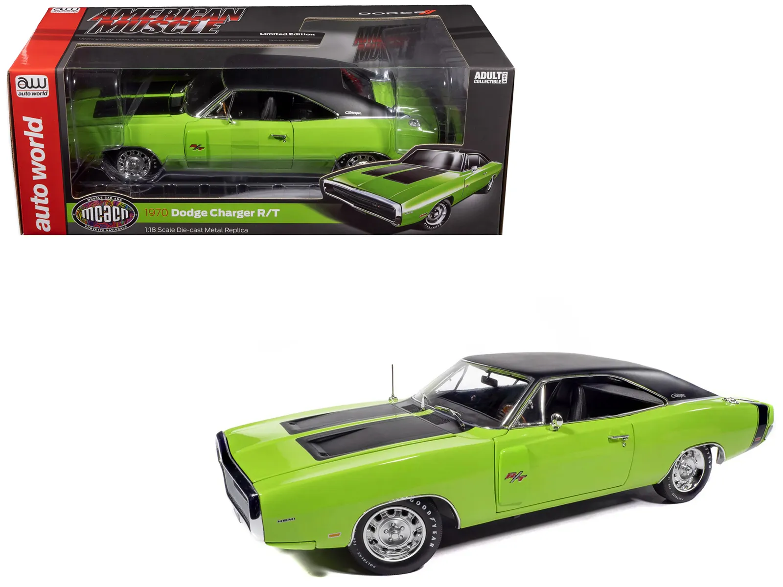 Autoworld AMM1357 — 1970 Dodge Charger R/T "Muscle Car & Corvette Nationals" (MCACN) Sublime Green with Black Stripes and Black Vinyl Top "American Muscle" Series 1/18 Diecast Model Car by Auto World