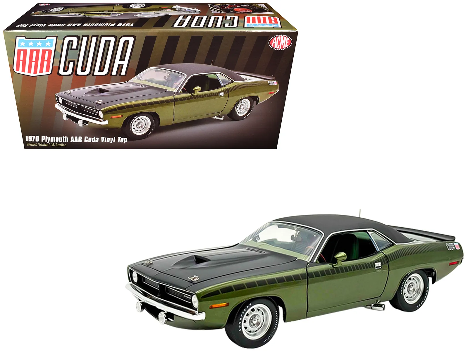 Acme A1806140VT — 1970 Plymouth AAR Cuda Ivy Green Metallic with Black Stripes and Black Vinyl Top with Green Interior Limited Edition to 448 pieces Worldwide 1/18 Diecast Model Car by ACME
