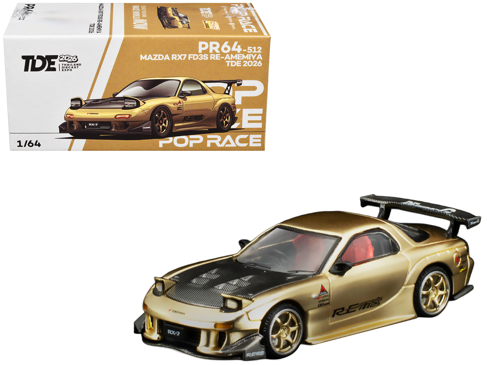Pop Race PR640512 — Mazda RX7 (FD3S) RE Amemiya RHD (Right Hand Drive) Gold Metallic with Carbon Hood "Thailand Diecast Expo 2026" 1/64 Diecast Model Car by Pop Race