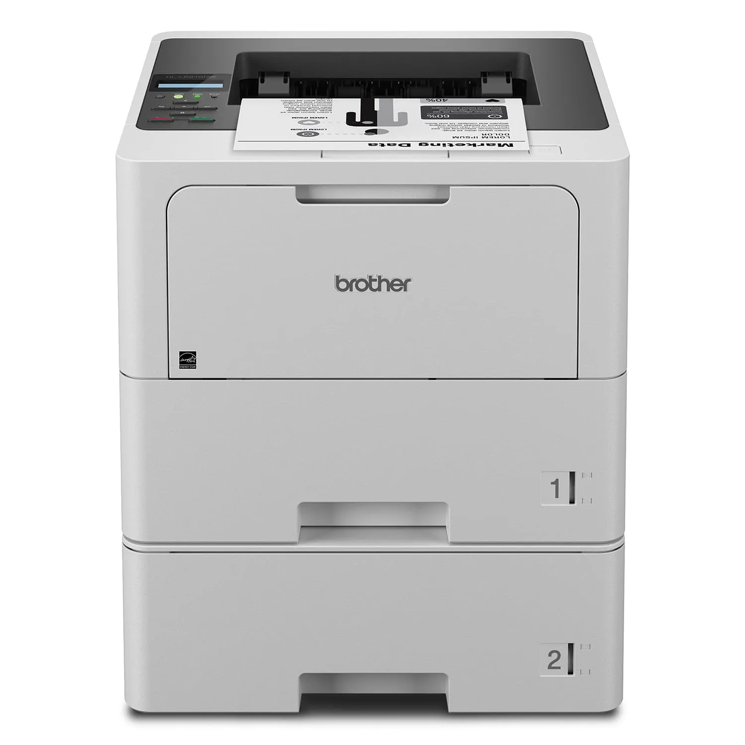 Brother BRT HLL6210DWT — Brother HL-L6210DWT Desktop Wireless Laser Printer - Monochrome - 50 ppm Mono - 1200 x 1200 dpi class - Automatic Duplex Print - 1040 Sheets Input - Ethernet - Wireless LAN - Wi-Fi Direct, Apple AirPrint, Mopria, Brother Mobile Connect - 125000 Pages Duty Cycle - Plain Paper Print - Ethernet - USB
