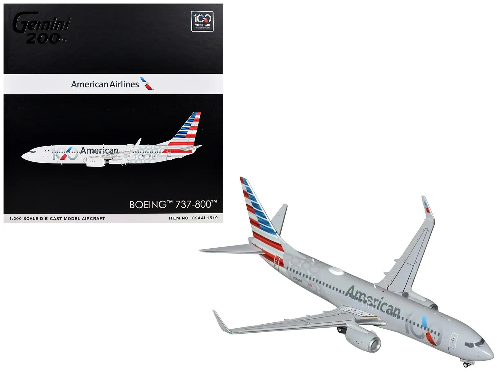 GeminiJets G2AAL1519 — Boeing 737-800 Commercial Aircraft "American Airlines 100th Anniversary 2026" (N840NN) Gray with Tail Stripes "Gemini 200" Series 1/200 Diecast Model Airplane by GeminiJets