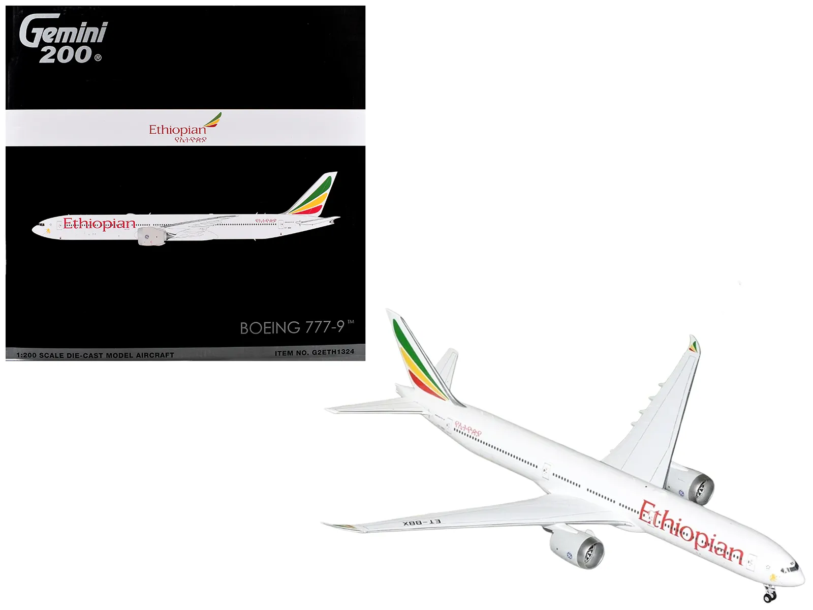 GeminiJets G2ETH1324 — Boeing 777-9 Commercial Aircraft "Ethiopian Airlines" (ET-BBX) White with Tail Stripes "Gemini 200" Series 1/200 Diecast Model Airplane by GeminiJets
